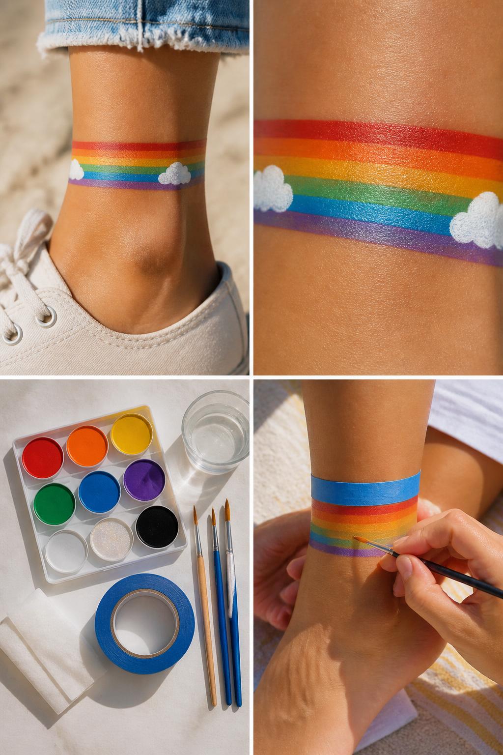 Detailed Image Prompt:
A realistic editorial 2x2 collage grid showing rainbow anklet leg painting, top-left finished design with a painted rainbow band around the ankle and tiny white cloud details, top-right close-up of rainbow stripes, cloud shapes, and clean edges, bottom-left flat lay of skin-safe rainbow body paints, fine brushes, painter’s tape for skin-safe guiding, wipes, and water cup, bottom-right cropped hands painting a curved rainbow band near the ankle, cheerful summer body art setup, no faces, no text, no watermark on images.