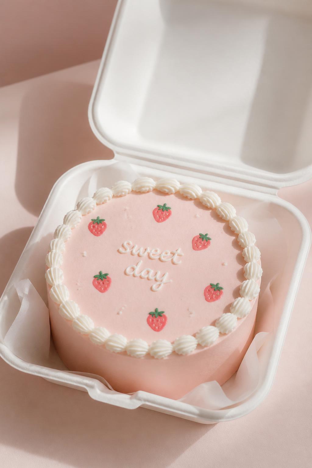 Image Prompt:
A beautiful minimal strawberry bento cake inside an open white bento cake box, smooth pale pink buttercream frosting, neat white piped border, tiny hand-drawn strawberry details on top, short handwritten icing text that says “sweet day,” clean modern styling, soft natural light, pastel background, editorial bakery photography, realistic dessert styling, no people, no hands, no faces, no watermarks on images