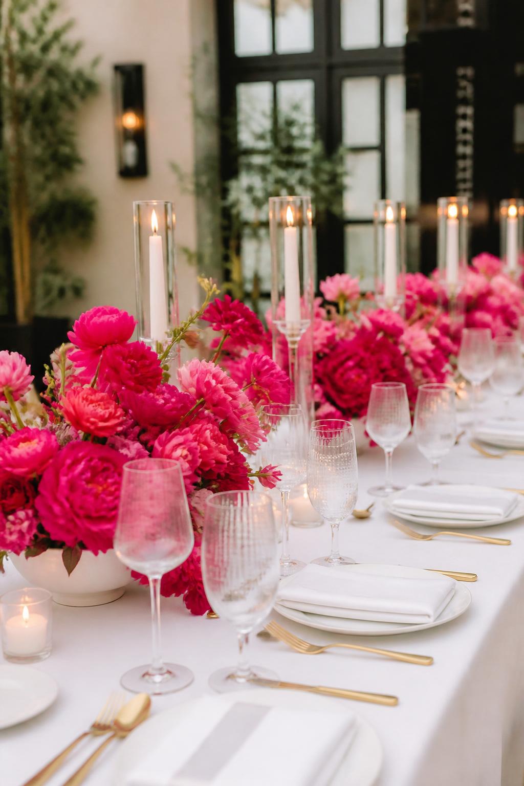 A bold but elegant wedding table image featuring hot pink floral centerpieces in low vases, simple white linens, white plates, clear glassware, gold flatware, and ivory taper candles. The setting is a modern wedding reception with bright, stylish decor, no visible faces, no text, no watermark, professional editorial wedding photography, (no watermarks on images)