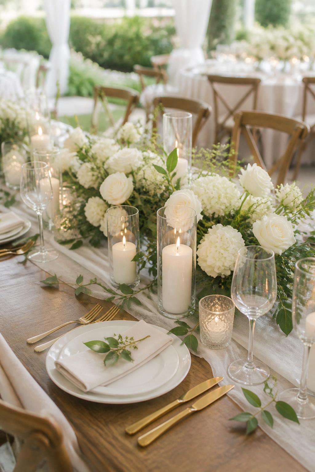 A fresh garden-style wedding table showing a wooden table styled with white roses, white hydrangeas, soft greenery, ivory candles, gold flatware, white plates, and clear glasses. Outdoor or tented reception setting with soft natural light, no visible faces, no text, no watermark, realistic editorial wedding photography, (no watermarks on images)