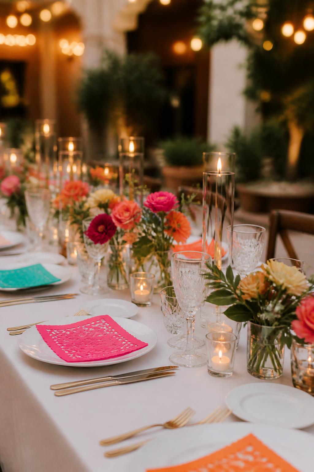Image Prompt:
A refined modern Mexican wedding table photo featuring crisp white linens, white plates, clear glassware, gold flatware, colorful papel picado-inspired paper details used tastefully as small table accents with no readable text, bright flowers in low vases, and soft candles. The setting is a stylish courtyard reception with warm lights, no visible faces, no text, no watermark, realistic editorial wedding photography.