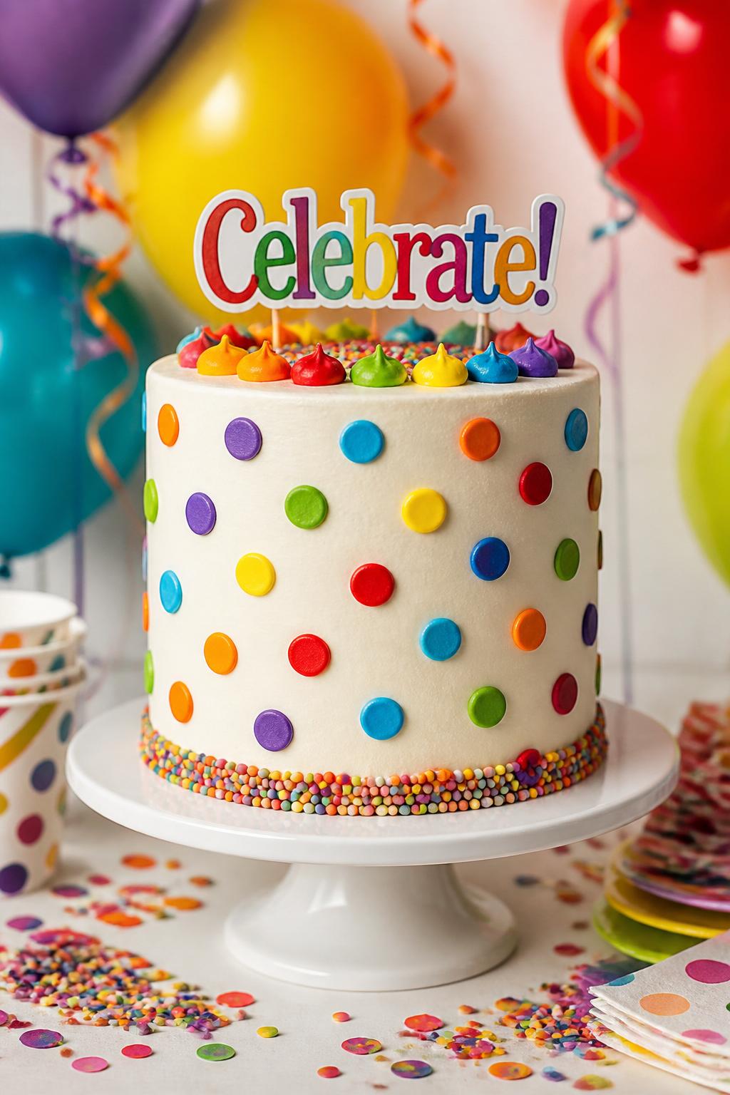 Detailed Image Prompt:
A cheerful white buttercream cake covered with colorful rainbow polka dots in red, orange, yellow, green, blue, and purple, smooth frosting finish, playful cake topper, styled on a bright party table with colorful balloons and confetti, realistic DSLR cake photography, no people, high-detail frosting and sprinkle texture, no watermarks on images.