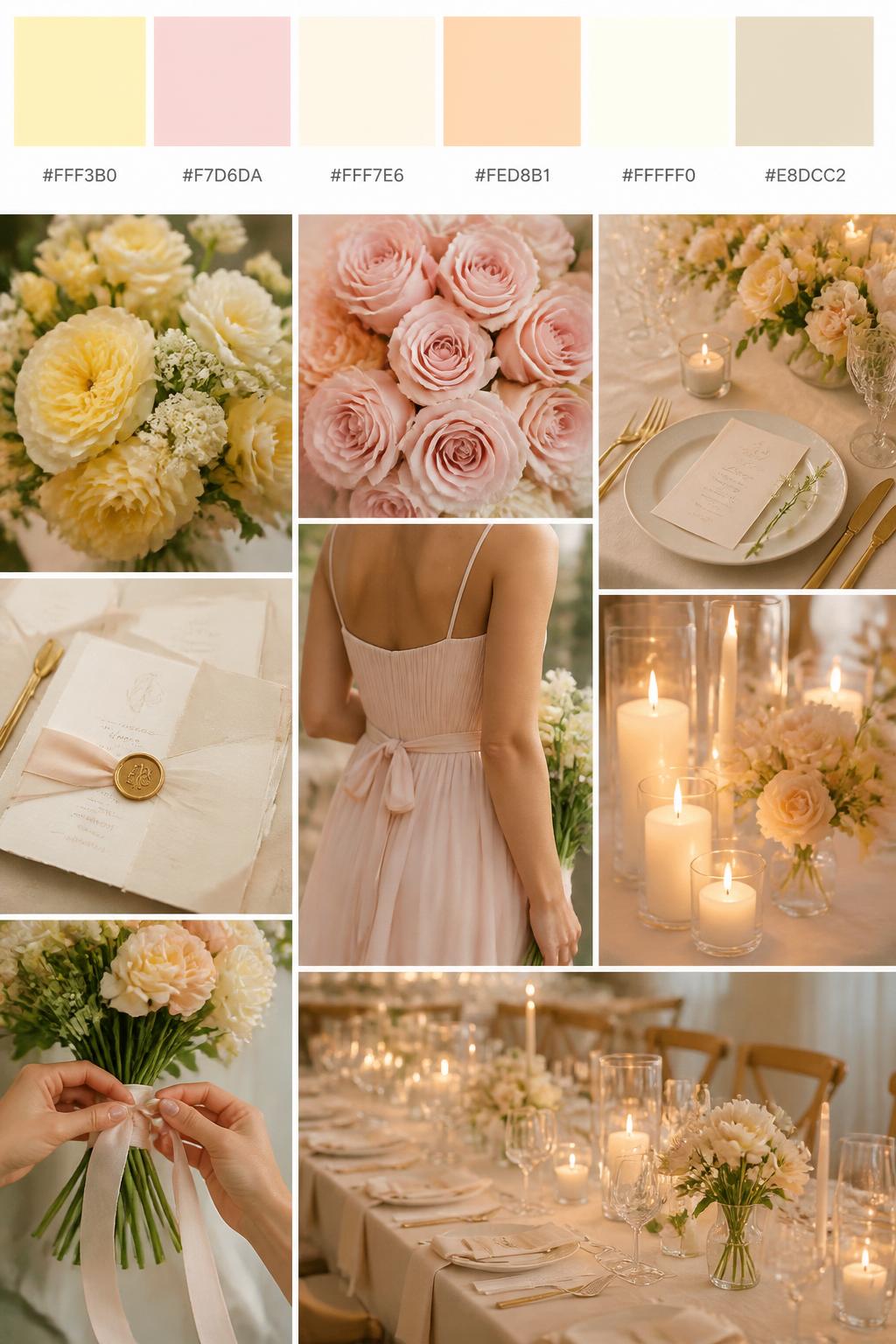 A realistic wedding inspiration mood board with a top row of swatches and small hex codes in pale yellow, blush pink, cream, soft peach, ivory, and warm beige. Under the palette strip, show a polished collage of pale yellow flowers, blush roses, cream table details, soft candles, elegant paper goods, a cropped bridesmaid dress image from the neck down, hands tying ribbon around a bouquet, and a romantic no-people reception table with gentle floral accents. Use only back views, side views, detail crops, and no-people decor scenes to avoid face issues. DSLR-style realism, 9:16 vertical format. (no watermarks on images)