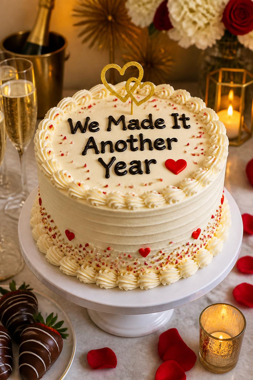 Image Prompt: A humorous couple anniversary cake with smooth ivory buttercream, bold piped lettering that says “We Made It Another Year,” tiny hearts, confetti-style sprinkles, and a small gold topper. Style it on a cheerful dessert table with candles, champagne glasses, rose petals, and soft party decor. Make it funny, celebratory, and realistic, no people, no faces, no text overlay, no watermark. (no watermarks on images)