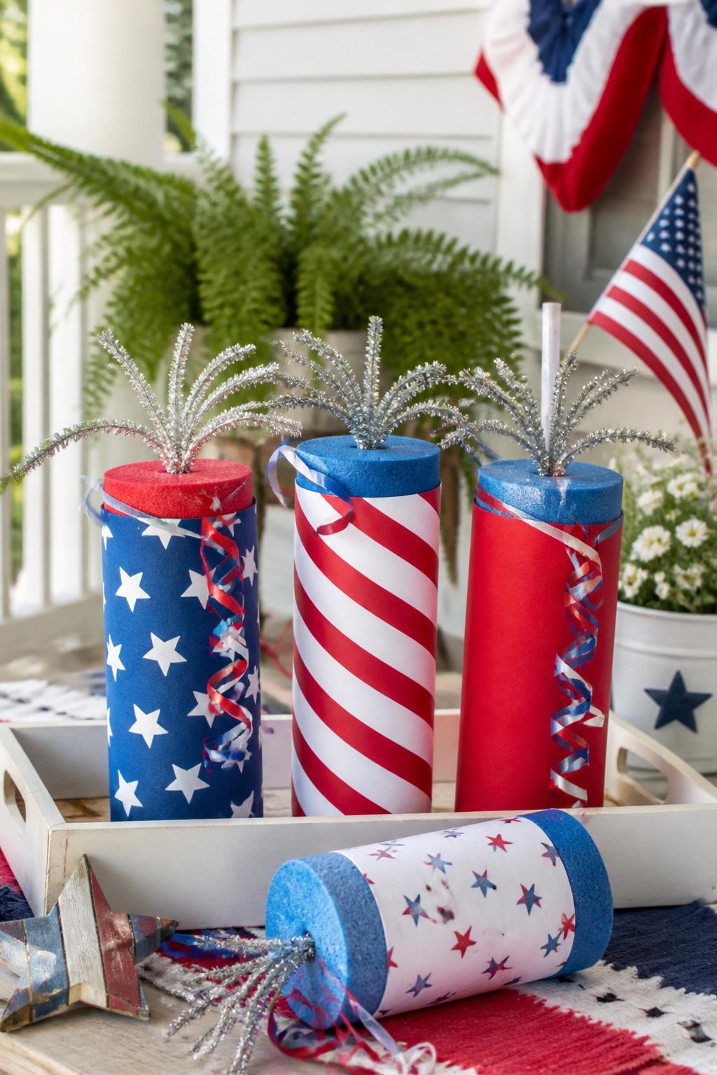 Detailed Image Prompt:
A festive summer craft photo showing Dollar Tree pool noodle firecracker decorations, short pool noodle pieces wrapped in red, white, and blue paper, topped with silver pipe cleaner sparks and ribbon, arranged on a porch table with simple patriotic summer decor, clean bright editorial styling, no people, no faces, no readable text, no watermark on images.