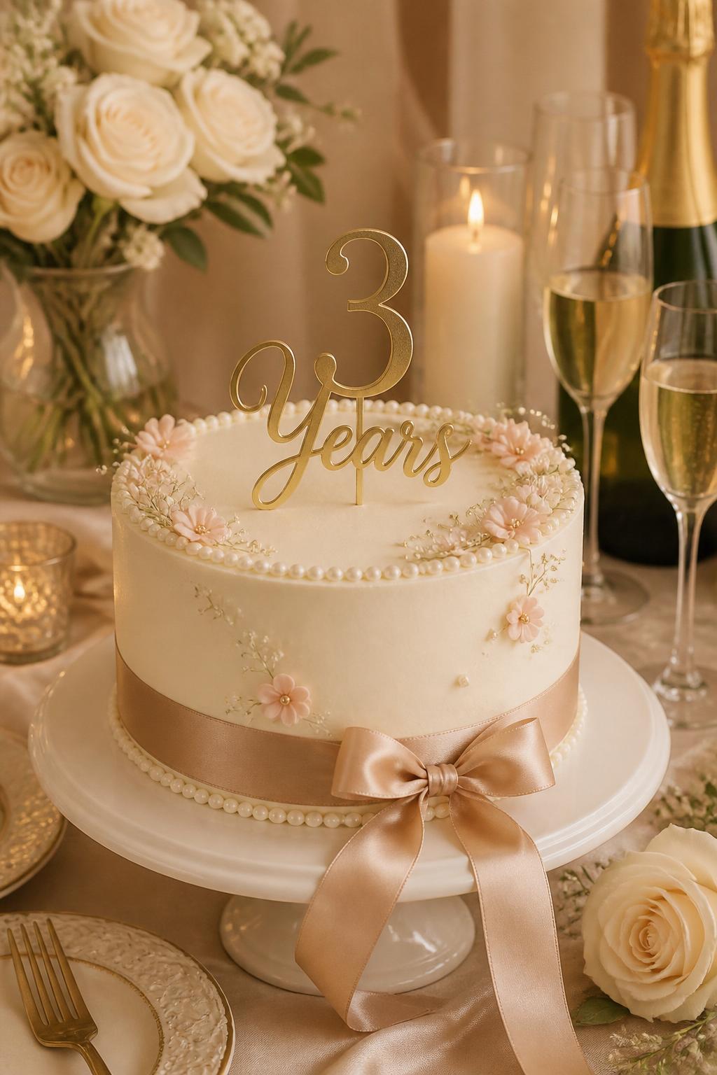 Image Prompt: A refined 3rd anniversary cake with smooth ivory buttercream, pearl borders, a soft tan satin ribbon around the base, tiny blush flowers, and a delicate gold “3 Years” topper. Style it on a romantic table with candles, champagne glasses, cream roses, and warm neutral decor. Make it graceful, soft, and realistic, no people, no faces, no watermark. (no watermarks on images)