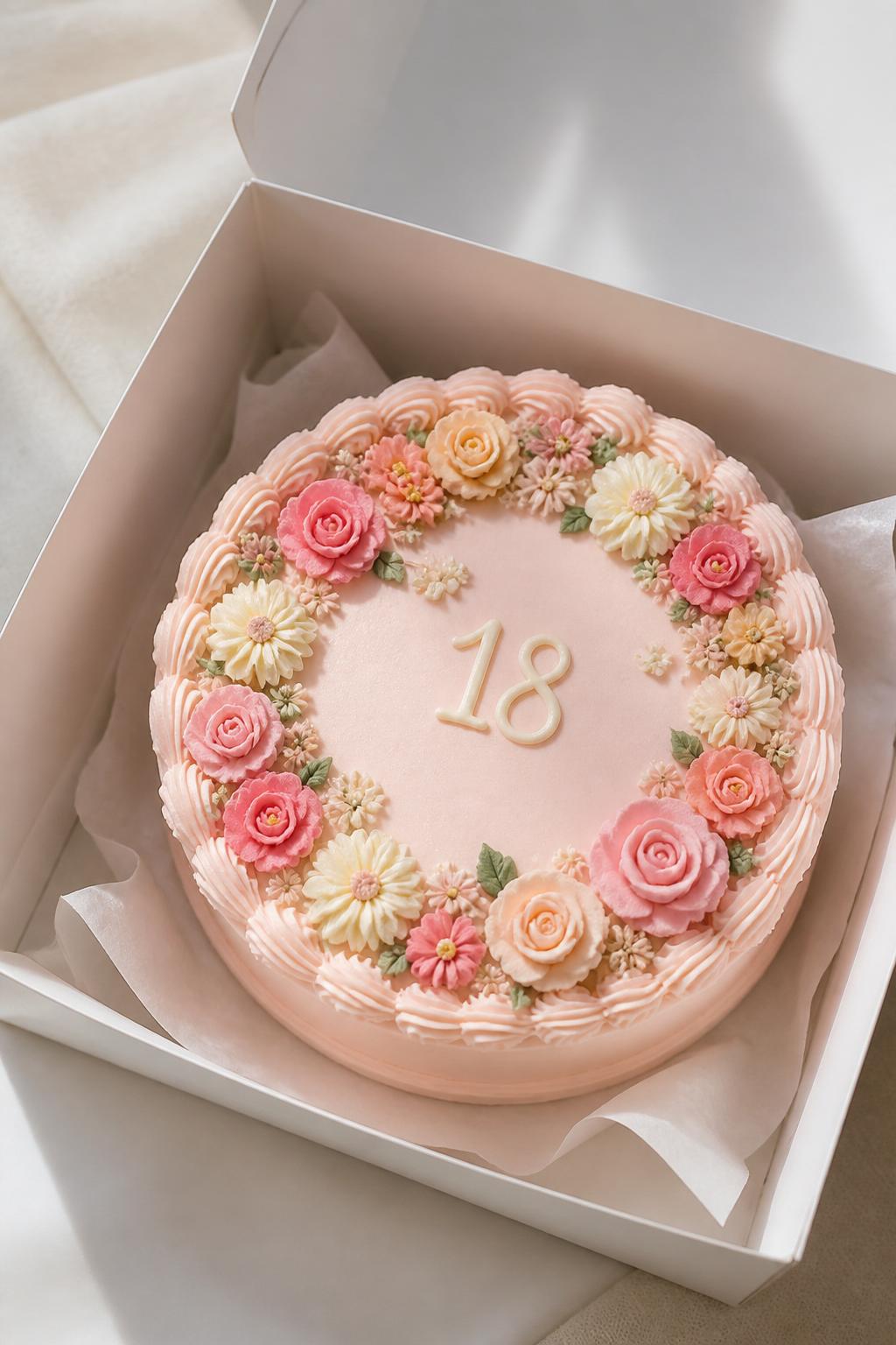 Image Prompt:
A delicate floral 18th birthday bento cake inside a white open cake box, smooth blush frosting, tiny buttercream flowers in pink, cream, and peach tones, elegant piped border, small icing number “18,” fresh romantic bakery styling, soft natural light, realistic close-up dessert photography, no people, no hands, no faces, no watermarks on images