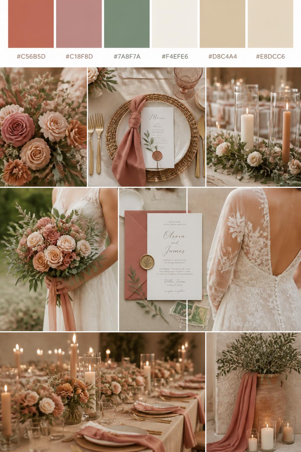 A realistic wedding palette board featuring a top row of color swatches and hex codes in soft terracotta, dusty rose, sage green, cream, warm sand, and soft beige. Below, show a warm collage of wedding visuals: dusty rose flowers, terracotta accents, sage greenery, cream place settings, candlelit centerpieces, cropped dress detail shots, bouquet styling in hands-only composition, and no-people reception tables glowing in warm light. Avoid showing faces by using back angles, side crops, waist-up detail framing, and no-people scenes. The collage should feel romantic, garden-inspired, and polished with DSLR-quality detail. 9:16 vertical format. (no watermarks on images)