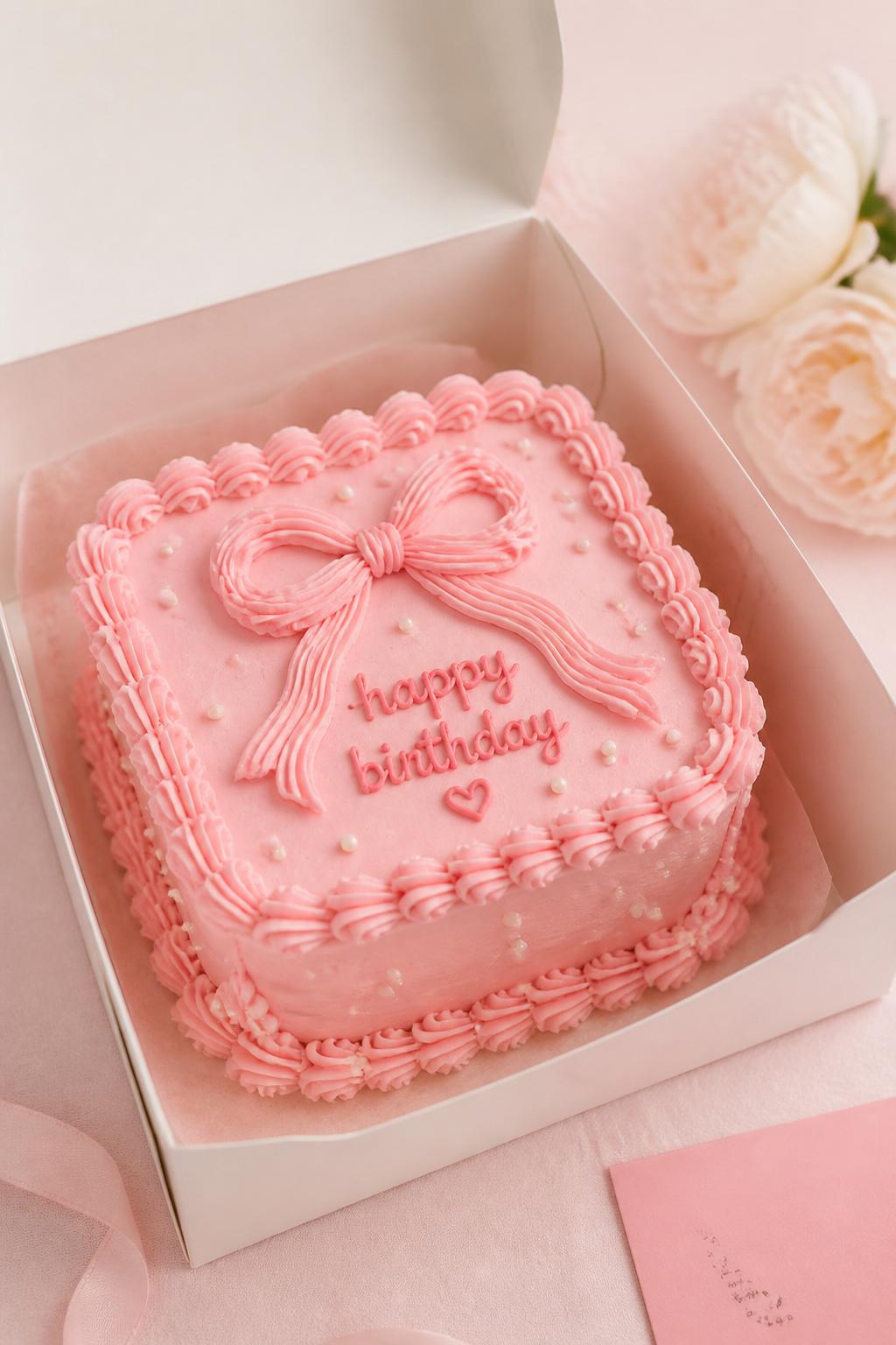 Image Prompt:
A cute bow themed bento birthday cake in an open white cake box, soft pink buttercream frosting, delicate piped border, a central buttercream bow design on top, tiny white pearl sprinkles, sweet romantic styling, soft pastel backdrop, realistic DSLR dessert photography, no people, no hands, no faces, no watermarks on images