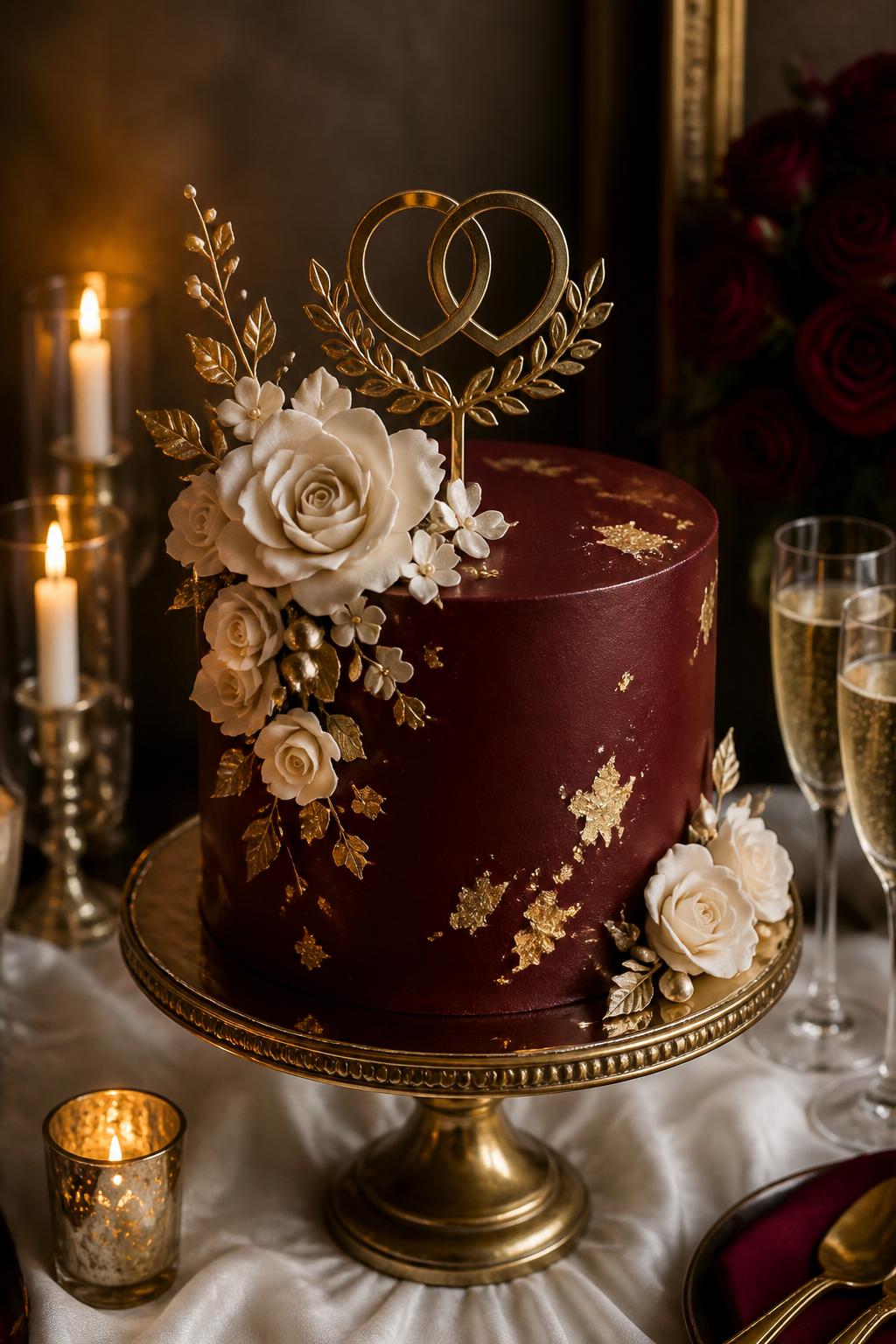 Image Prompt: A luxurious burgundy anniversary cake with smooth buttercream, edible gold leaf, cream sugar flowers, pearl accents, and a refined gold anniversary topper. Place it on a gold cake stand with candles, champagne glasses, white linen, and warm moody lighting. Make it elegant, rich, and realistic, no people, no faces, no text overlay, no watermark. (no watermarks on images)
