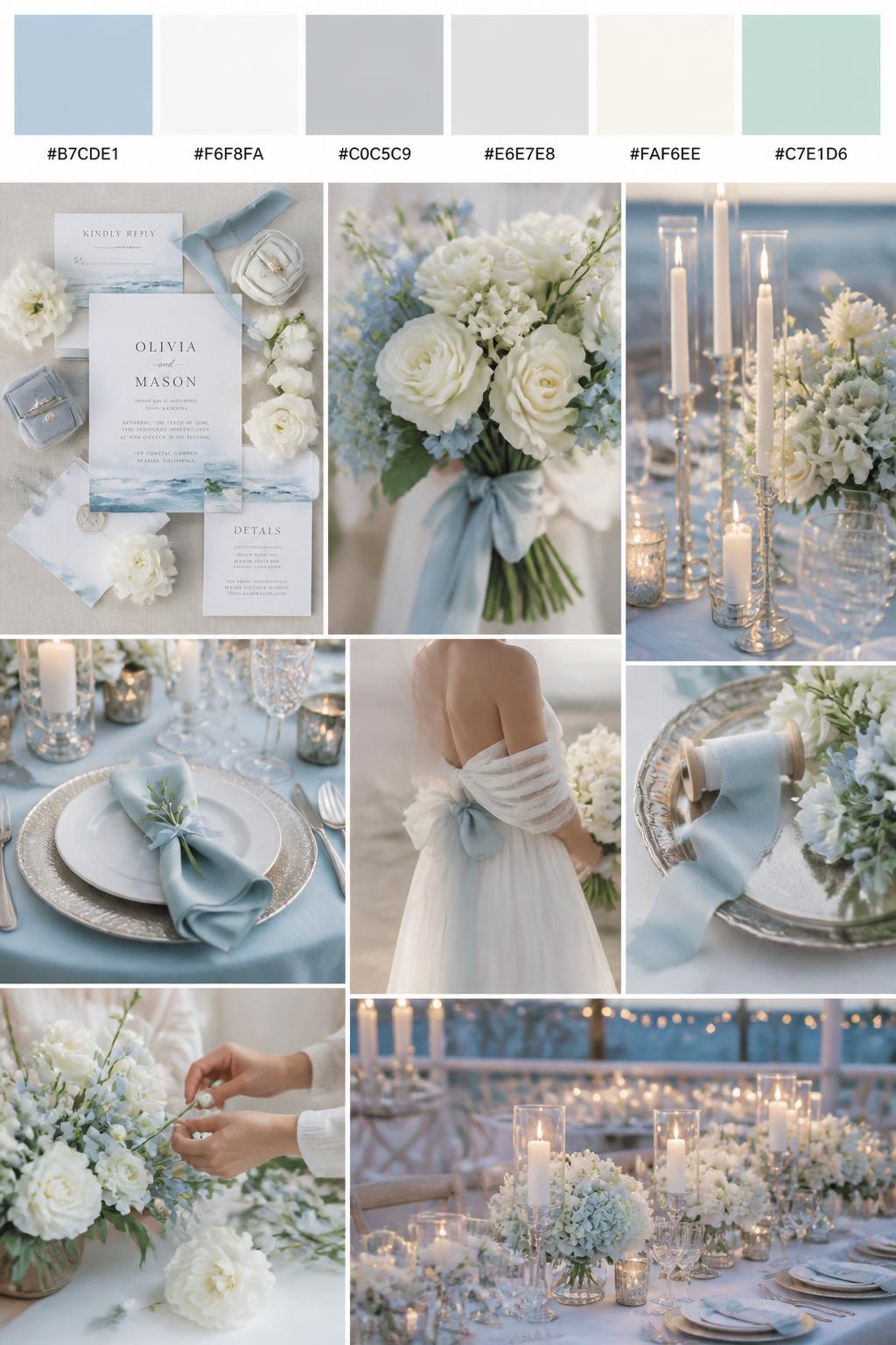 A realistic wedding inspiration mood board with a top strip of swatches and hex codes in powder blue, pearl white, silver, pale gray, soft ivory, and seafoam. Below, create a polished collage with powder blue ribbons, pearl-toned flowers, silver candle holders, elegant table settings, coastal stationery, a cropped dress shot from below the chin, hands arranging flowers, and candlelit reception decor. Use a mix of no-people flat lays, bouquet close-ups, back-view styling, and side-angle detail photos with no visible full faces. The mood should feel soft, refined, airy, and beach romantic with realistic DSLR photo quality. 9:16 vertical format. (no watermarks on images)