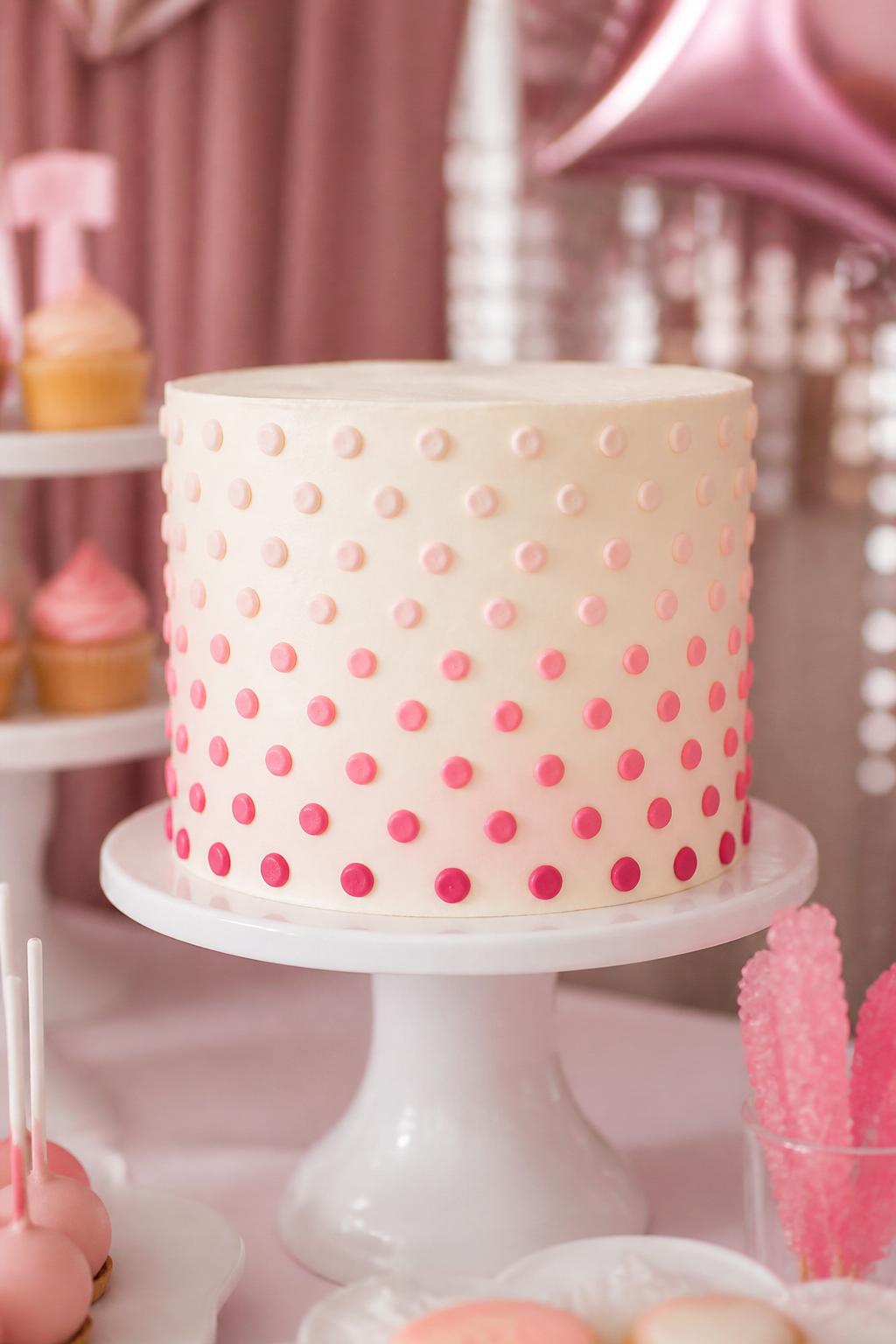Detailed Image Prompt:
A stunning ombre polka dot cake with smooth white buttercream, polka dots fading from deep pink at the bottom to blush and pale pink near the top, clean round cake shape, styled on a soft pink party table, elegant modern editorial cake photography, no people, realistic DSLR image, no watermarks on images.
