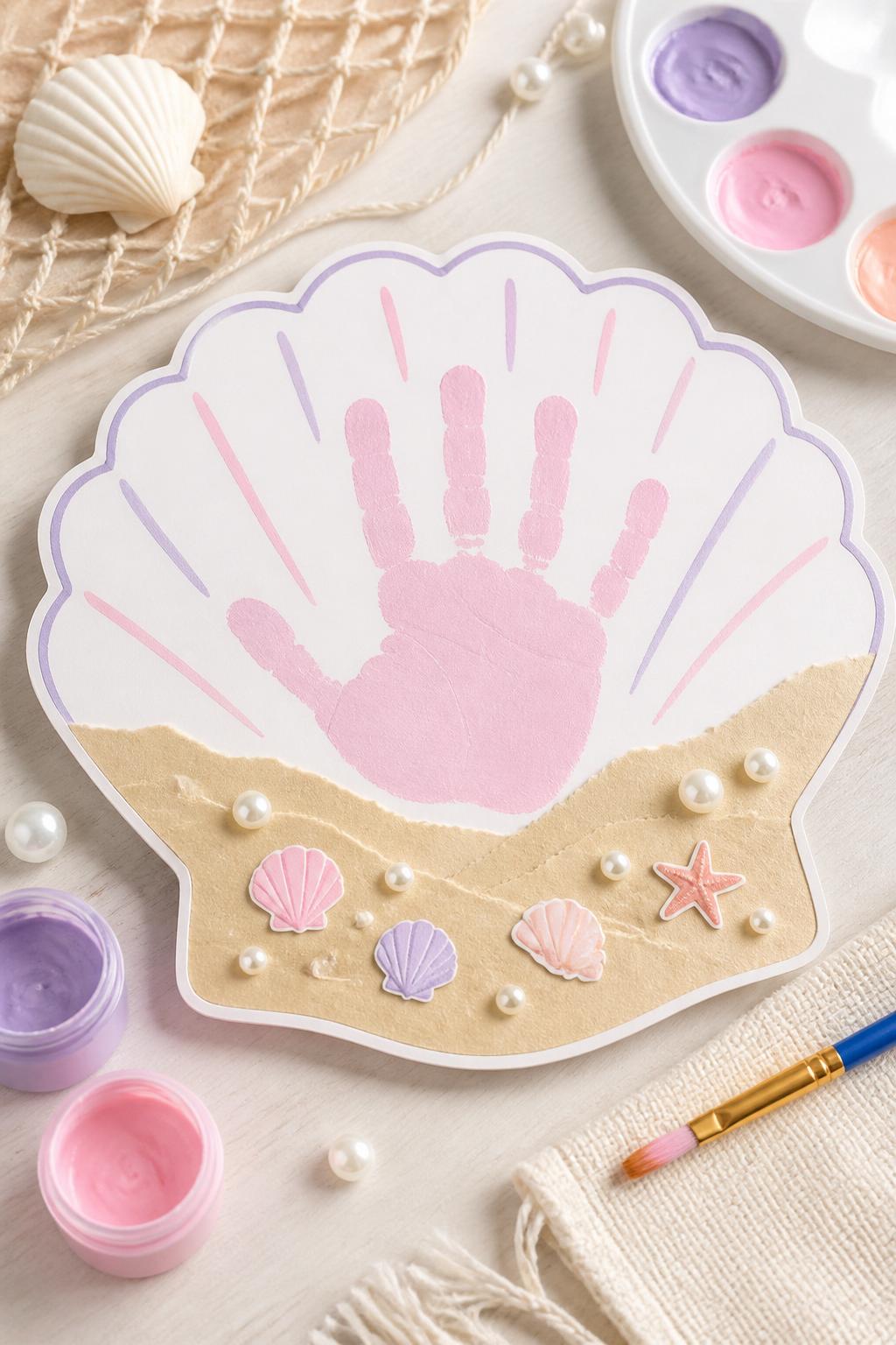Detailed Image Prompt:
A soft beach-themed summer craft photo showing handprint seashell keepsake art, pastel painted handprint on white cardstock shaped into a seashell-inspired design with curved marker lines, tan paper sand, small paper pearls, shell stickers, and washable paint nearby, clean coastal craft table, no people, no faces, no text, no watermark on images.