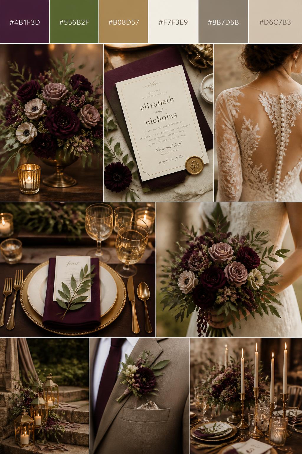 Image Prompt:
A realistic wedding inspiration collage with a top color strip showing hex-coded swatches in plum, olive green, antique gold, ivory, warm taupe, and soft beige. Below the palette strip, create a realistic wedding mood board with plum flowers, olive greenery, antique gold flatware, gold-rimmed glasses, invitation flat lays, cropped dress detail shots, hands holding a bouquet, and no-people decor scenes in warm romantic light. Use back views, side views, shoulder-down crops, and detail-only shots so no full faces are visible. The mood should feel rich, romantic, and elegant with DSLR-style realism. 9:16 vertical format. (no watermarks on images)