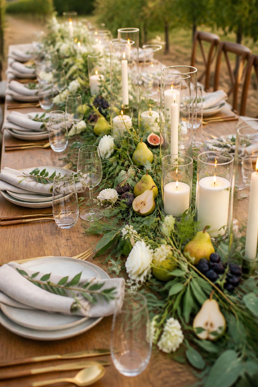 Image Prompt:
A beautiful autumn wedding reception table styled with a soft greenery runner, pears, figs, small grapes, white flowers, ivory candles in glass holders, ceramic plates, linen napkins, and gold flatware. Vineyard or garden fall wedding setting with warm natural light, no visible faces, no text, no watermark, realistic editorial wedding photography, (no watermarks on images)