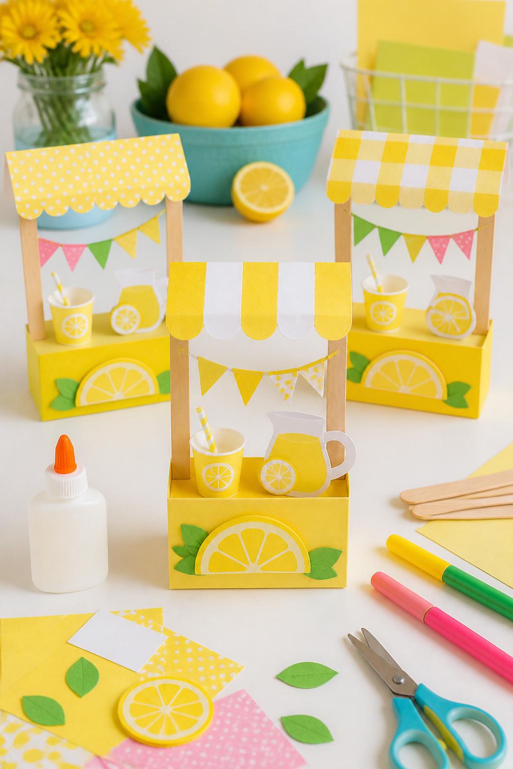 Detailed Image Prompt:
A cheerful kids’ craft photo showing paper lemonade stand crafts, small cardstock lemonade stands with yellow awnings, paper cups, lemon slices, tiny bunting, and craft stick supports, arranged on a clean white table with glue, markers, and paper scraps nearby, bright first day of summer lemonade theme, no people, no faces, no readable text, no watermark on images.