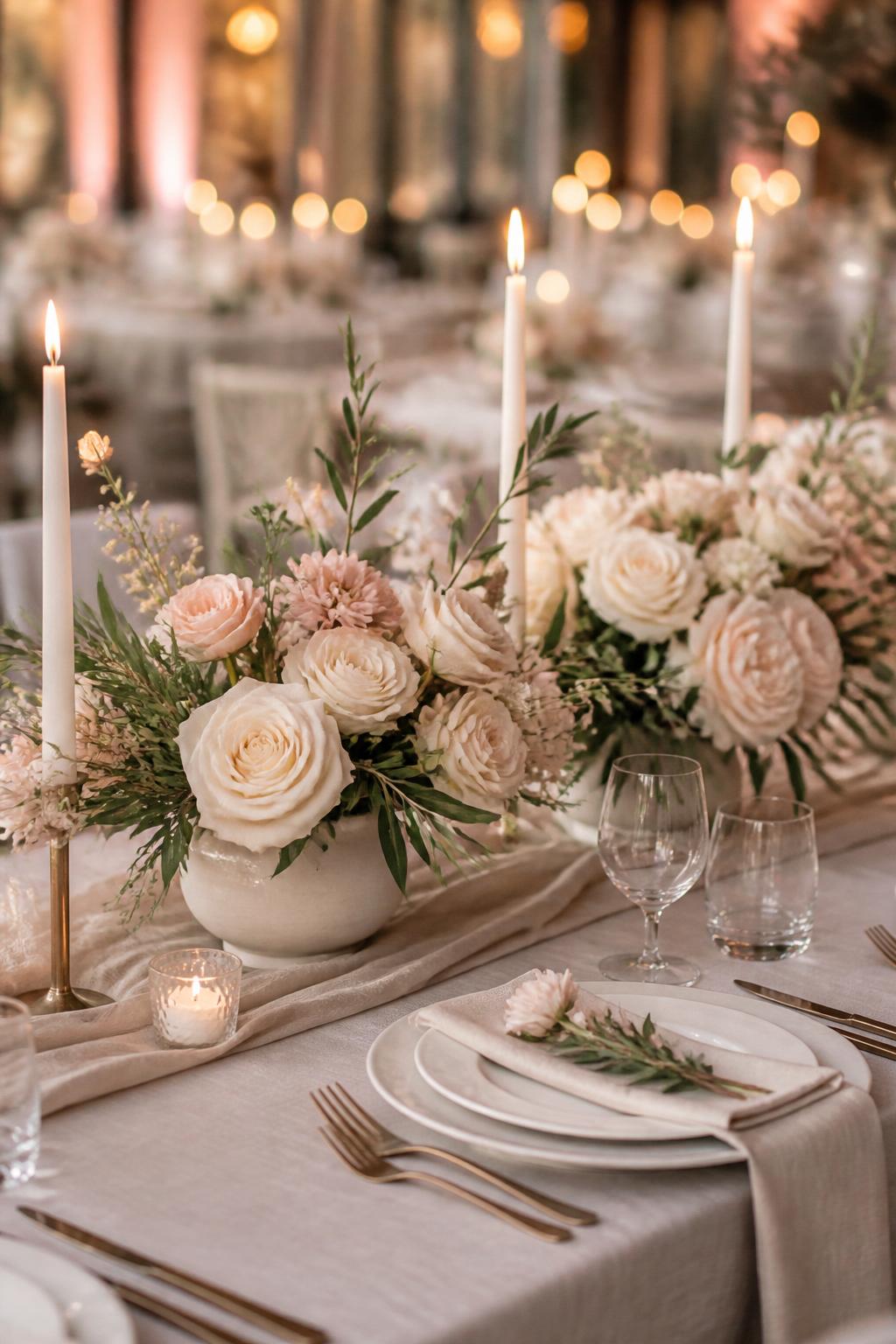 Image Prompt:
A refined wedding table image showing low ceramic vases filled with ivory roses, blush flowers, soft greenery, and pale peach blooms. Add natural linen, white plates, clear glasses, taper candles, and warm romantic reception lighting. No visible faces, no text, no watermark, professional wedding magazine photography, (no watermarks on images)