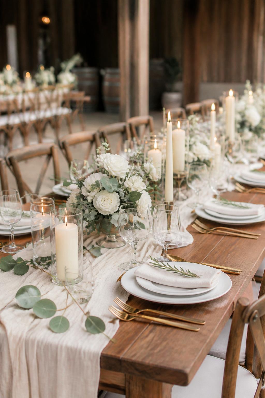 Image Prompt:
A professional editorial wedding reception photo showing a long wooden farm table with a soft ivory linen runner down the center, low white floral arrangements, eucalyptus greenery, cream taper candles, white plates, clear glassware, folded linen napkins, and gold flatware. Rustic elegant barn or vineyard wedding reception setting, no visible faces, no full people, table-focused composition, realistic DSLR wedding photography, no text, no watermark, (no watermarks on images)