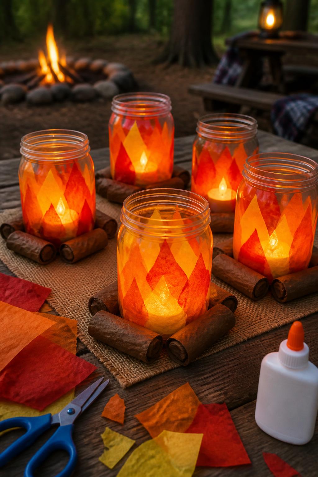 Detailed Image Prompt:
A cozy summer camp craft photo showing handmade campfire tissue paper lanterns, clear plastic jars decorated with orange, yellow, and red tissue paper flames, brown paper log shapes, safe battery tea lights placed inside, arranged on a rustic picnic table with glue and tissue scraps nearby, warm campfire mood, no people, no faces, no readable text, no watermark on images.