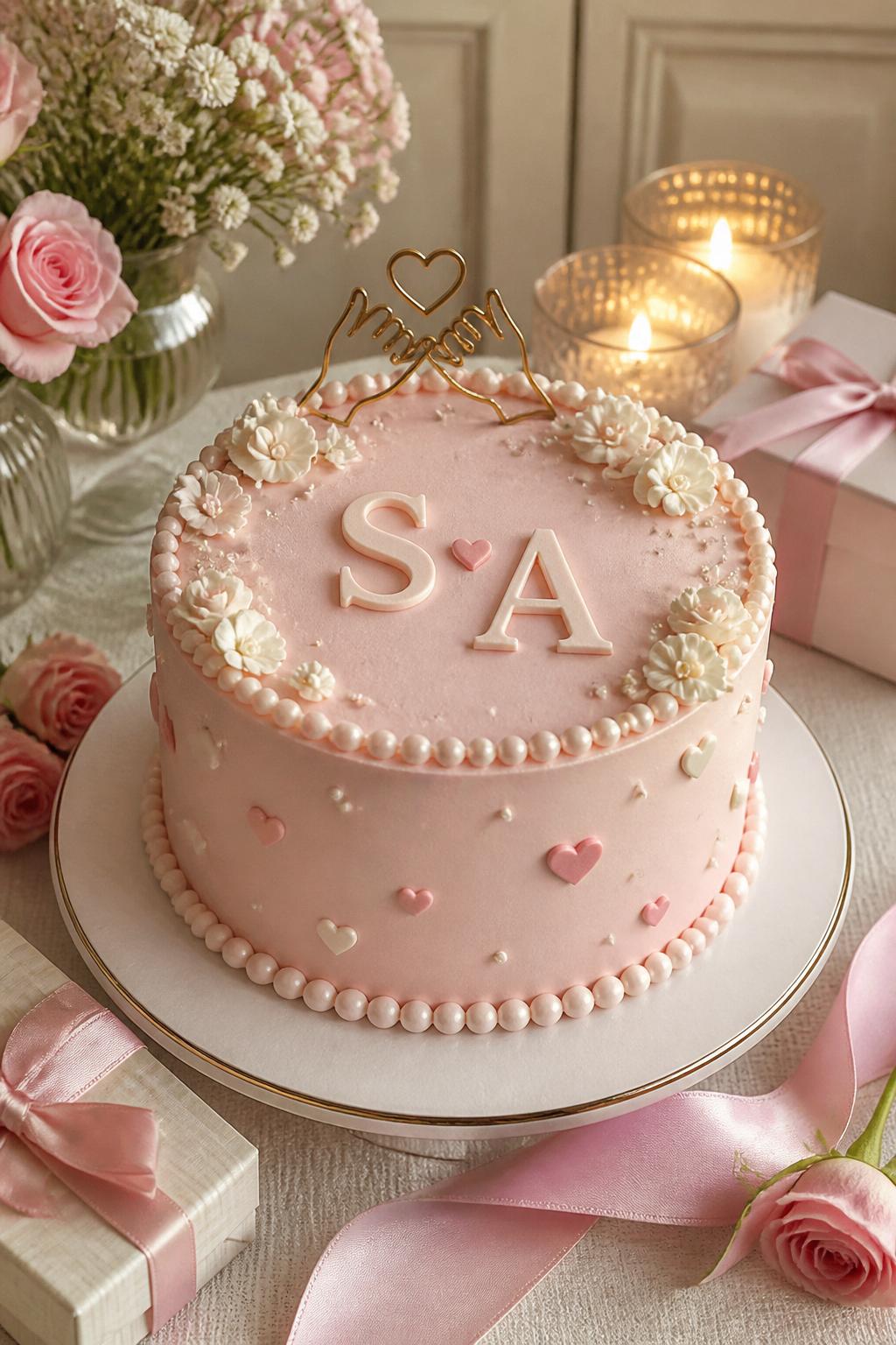 Image Prompt: A cute friendship anniversary cake with smooth blush buttercream, two raised initials on top, tiny hearts, pearl borders, soft white flowers, and a small friendship topper. Style it on a pretty dessert table with candles, pastel ribbon, flowers, and small wrapped gifts. Make it personal, sweet, and realistic, no people, no faces, no text overlay, no watermark. (no watermarks on images)