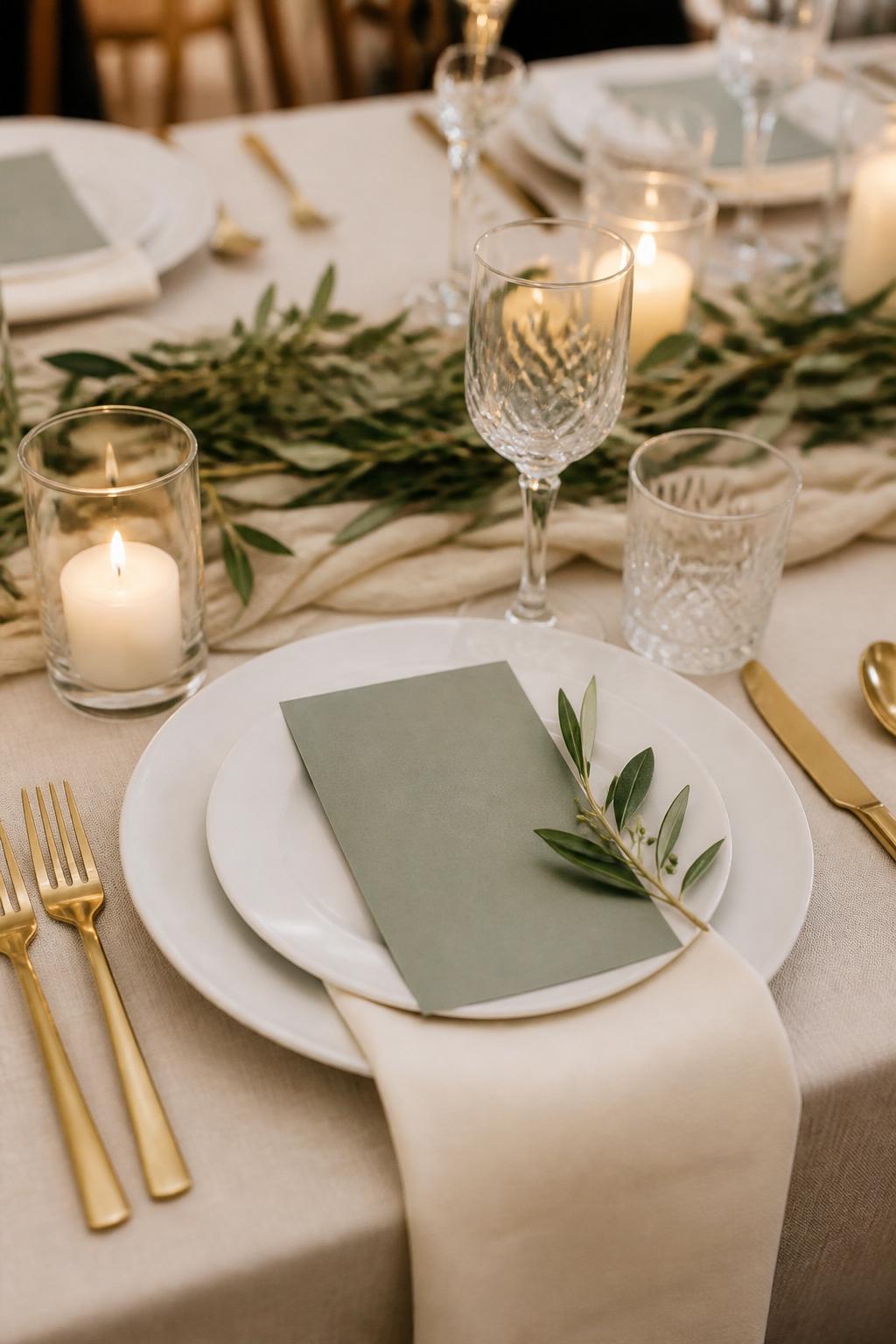 Image Prompt:
A close wedding table photo showing minimal sage green menu cards with no readable text, layered white plates, folded ivory napkins, gold flatware, clear crystal glasses, a small greenery sprig, and soft candlelight. Elegant modern reception setting, no visible faces, no text, no watermark, realistic editorial photography, (no watermarks on images)