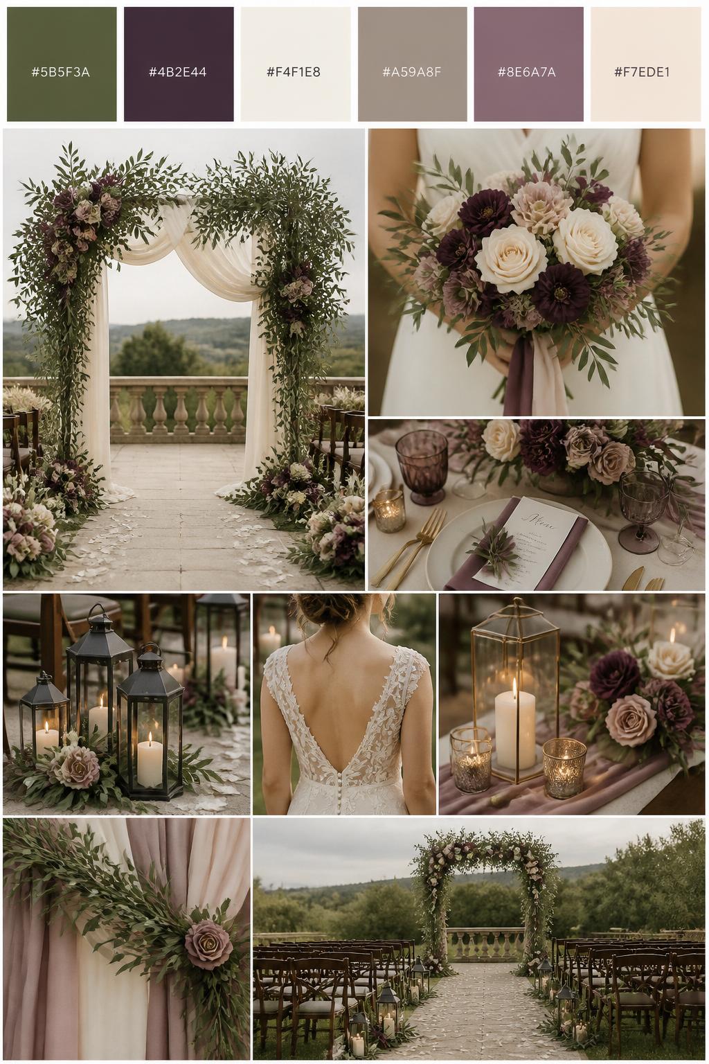 Image Prompt:
A realistic wedding color mood board in a vertical collage style. Add a top strip of palette swatches with hex codes in olive green, plum, ivory, soft taupe, muted mauve, and warm cream. Below, show realistic wedding details like an olive greenery ceremony arch, plum flowers, ivory roses, soft draped fabric, candle lanterns, elegant aisle decor, a bouquet held in front of the body with no face shown, back-view bridal detail shots, and a no-people outdoor ceremony scene. Use no clear faces, with a mix of cropped body details, hands-only shots, and no-people styling scenes. The look should feel romantic, earthy, and polished with DSLR realism. 9:16 vertical format. (no watermarks on images)