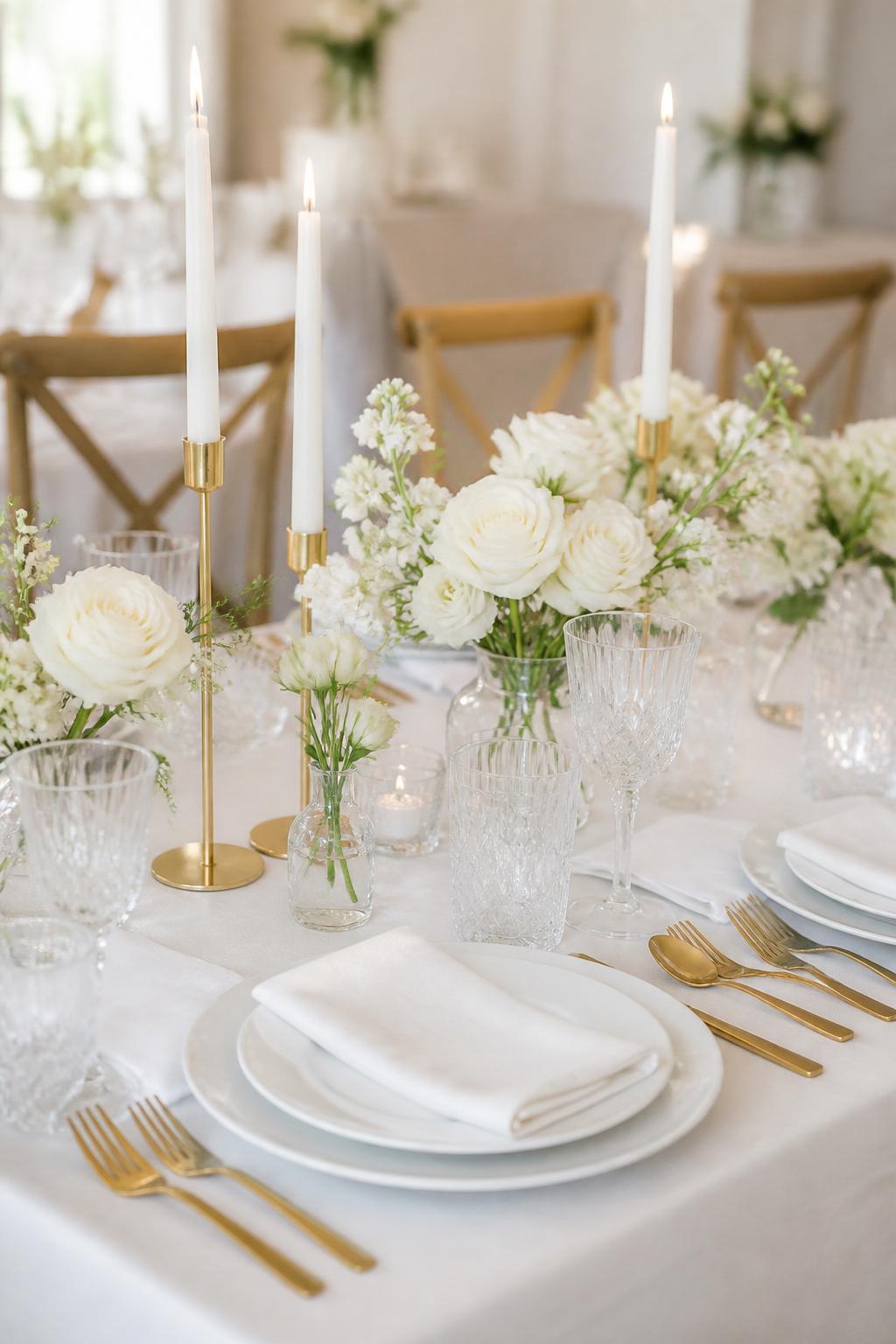 Image Prompt:
A minimal elegant wedding table styled with white linen, simple white flowers, gold flatware, slim gold candle holders, white plates, crystal glasses, and clean refined place settings. Bright modern reception setting, no visible faces, no text, no watermark, realistic editorial photography, (no watermarks on images)