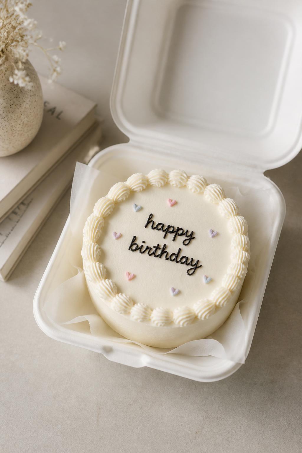 Image Prompt:
A small round bento birthday cake inside an open white bento cake box, smooth cream frosting, neat piped border, simple handwritten icing text that says “happy birthday,” tiny pastel heart details, clean modern styling, soft natural light, neutral background, editorial bakery photography, no people, no hands, no faces, no watermarks on images