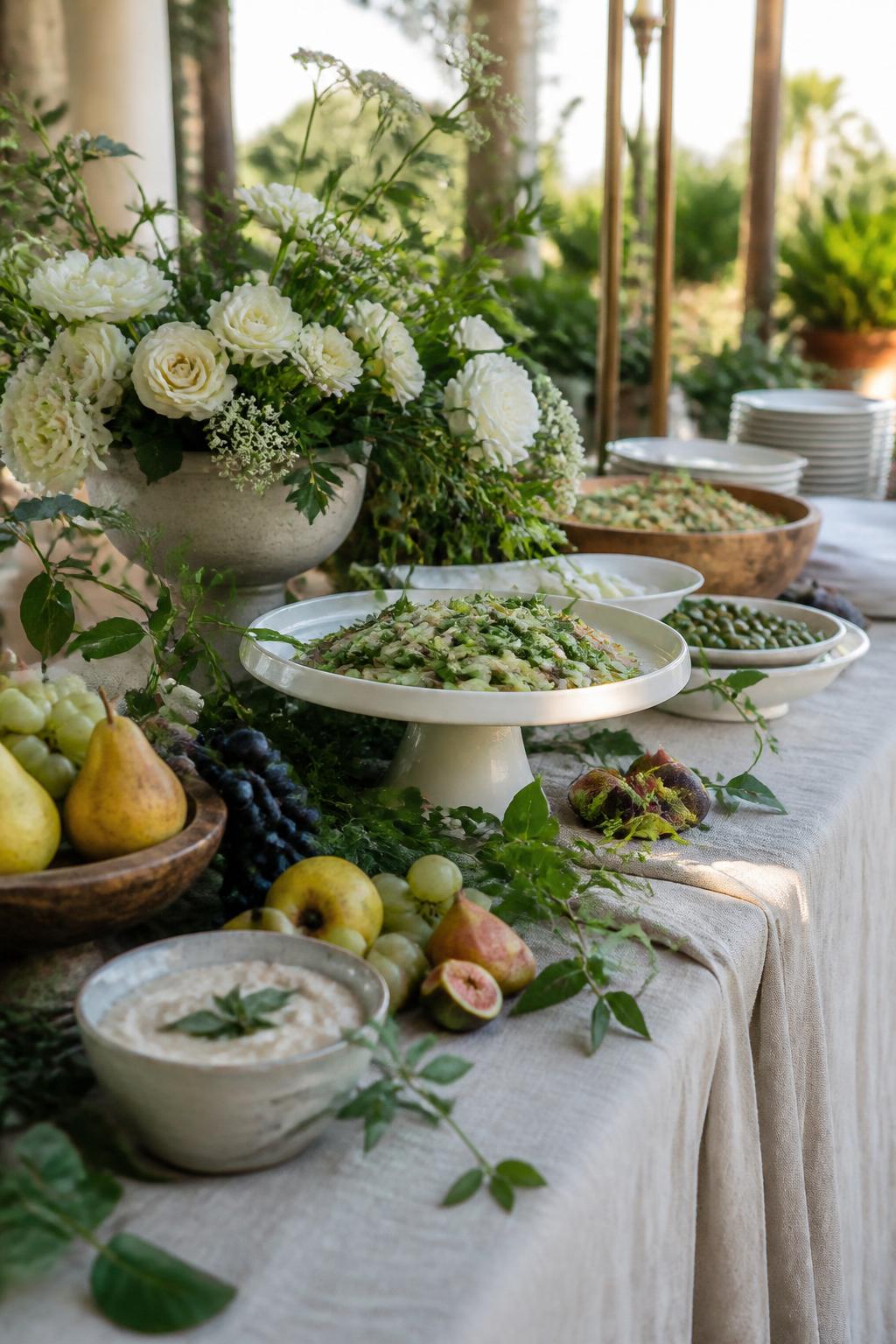 Image Prompt:
A romantic garden wedding buffet table featuring elegant serving platters, greenery, white flowers, pears, figs, grapes, natural linen, ceramic bowls, and warm outdoor light. The fruit accents are styled lightly around the decor, not mixed into serving food. No visible faces, no text, no watermark, realistic editorial wedding photography.
