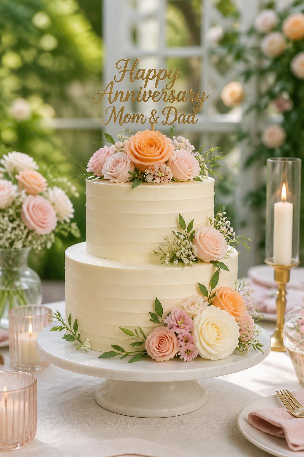 Image Prompt: A lovely garden-inspired anniversary cake for parents with smooth ivory buttercream, fresh flowers in blush, cream, peach, and soft greenery arranged naturally around the tiers. Style it in a bright garden party setting with linen, candles, and a soft outdoor backdrop. Make it look romantic, fresh, and realistic, no people, no faces, no watermark. (no watermarks on images)