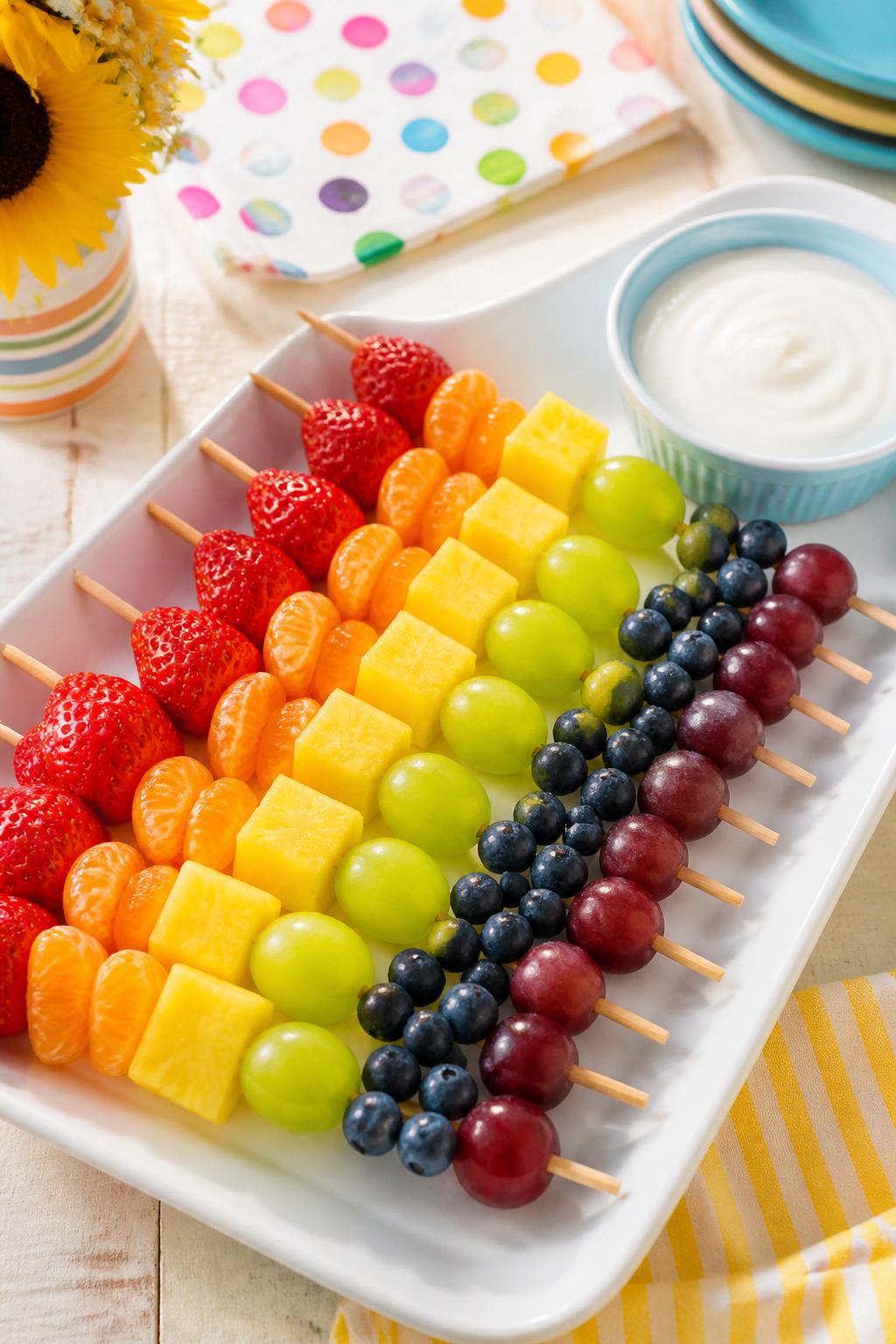 Detailed Image Prompt:
A bright summer food craft photo showing rainbow fruit kabobs on wooden skewers, strawberries, oranges, pineapple, green grapes, blueberries, and purple grapes arranged in rainbow order, displayed on a white platter with small yogurt dip bowl, sunny party table styling, no people, no faces, no readable text, no watermark on images.