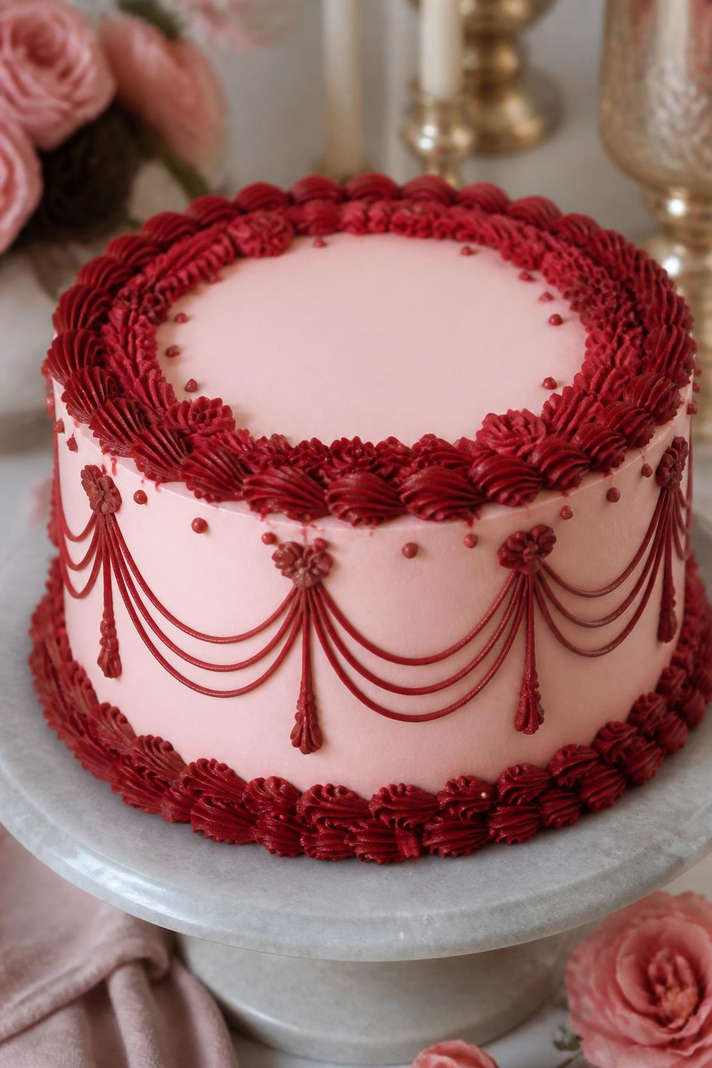 Detailed Image Prompt:
A stunning red velvet-inspired vintage cake with a soft blush pink outer frosting, rich red piping details, ornate shell borders, piped swags, and a luxurious bakery-style finish, styled on a clean cake stand with soft romantic decor, editorial dessert photography, no people, realistic DSLR image, no watermarks on images.