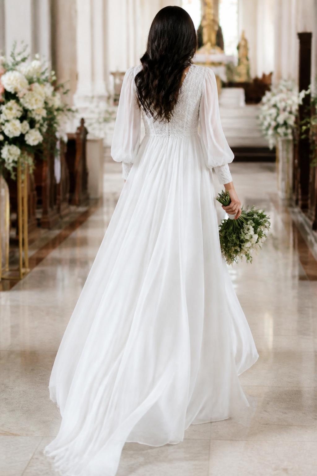Image Prompt: A soft bridal editorial image of a bride in an empire waist Christian wedding dress with a modest bodice, light flowing fabric, and romantic drape, photographed in a bright chapel with floral arrangements. Show the body from shoulders down or a back-view walking pose so the face is hidden. The look should feel airy, elegant, and church-appropriate, with clean styling, realistic movement in the fabric, editorial wedding magazine quality, no visible face, no text, no watermark. (no watermarks on images)
