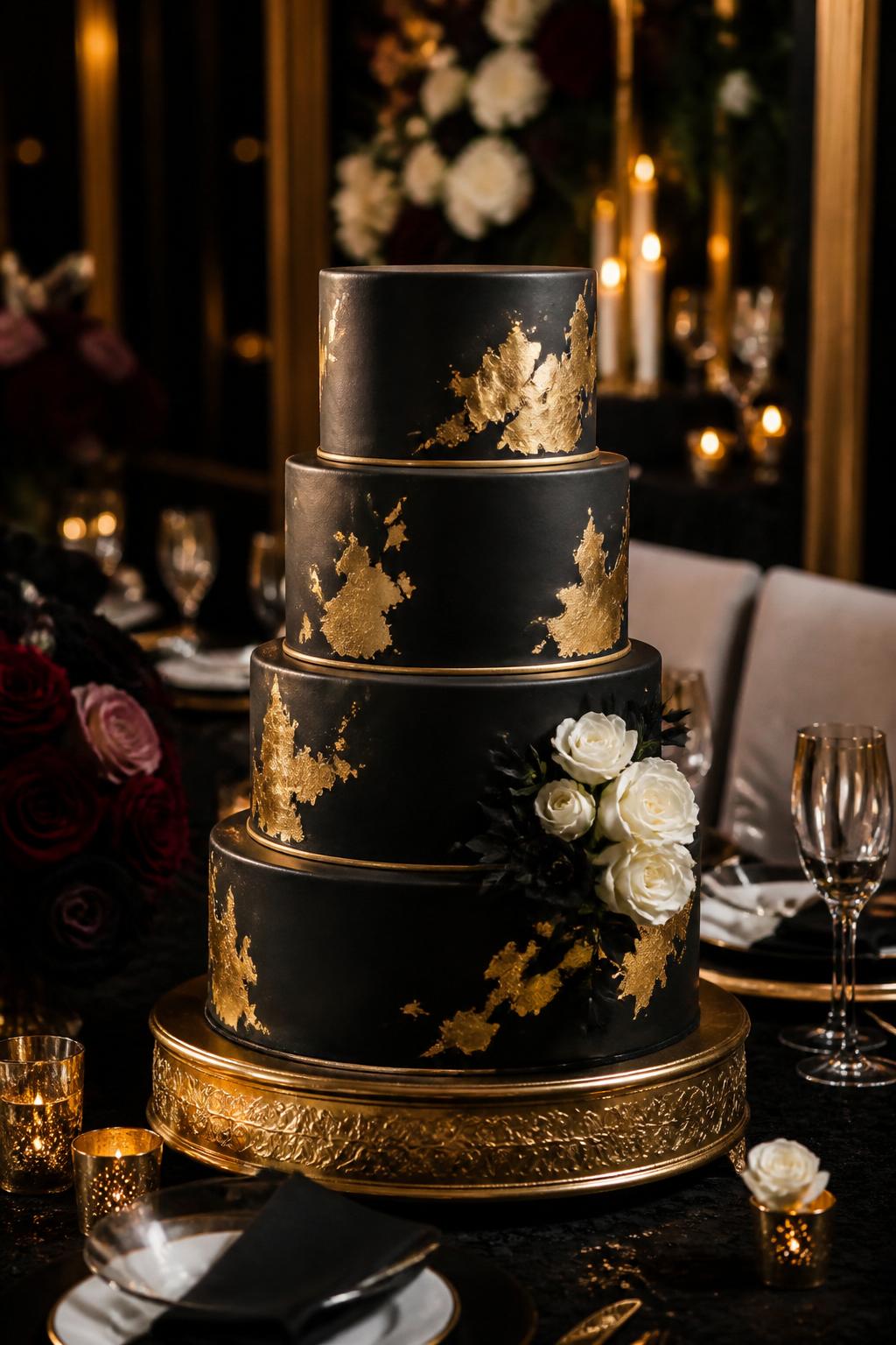Image Prompt: Ultra-realistic evening wedding reception image of a black and gold metallic wedding cake with smooth black tiers, refined gold leaf accents, thin gold trim, and dramatic but elegant styling. Add deep florals or white flowers for balance. Place the cake on a luxury cake table with candles, dark floral centerpieces, gold decor, champagne glasses, fine linens, and a softly blurred formal wedding backdrop. Keep the cake in sharp focus. No visible faces. If people appear, show only cropped hands, side views, back views, or neck-down figures. Realistic black fondant texture, rich gold shine, moody DSLR wedding photography. (no watermarks on images)