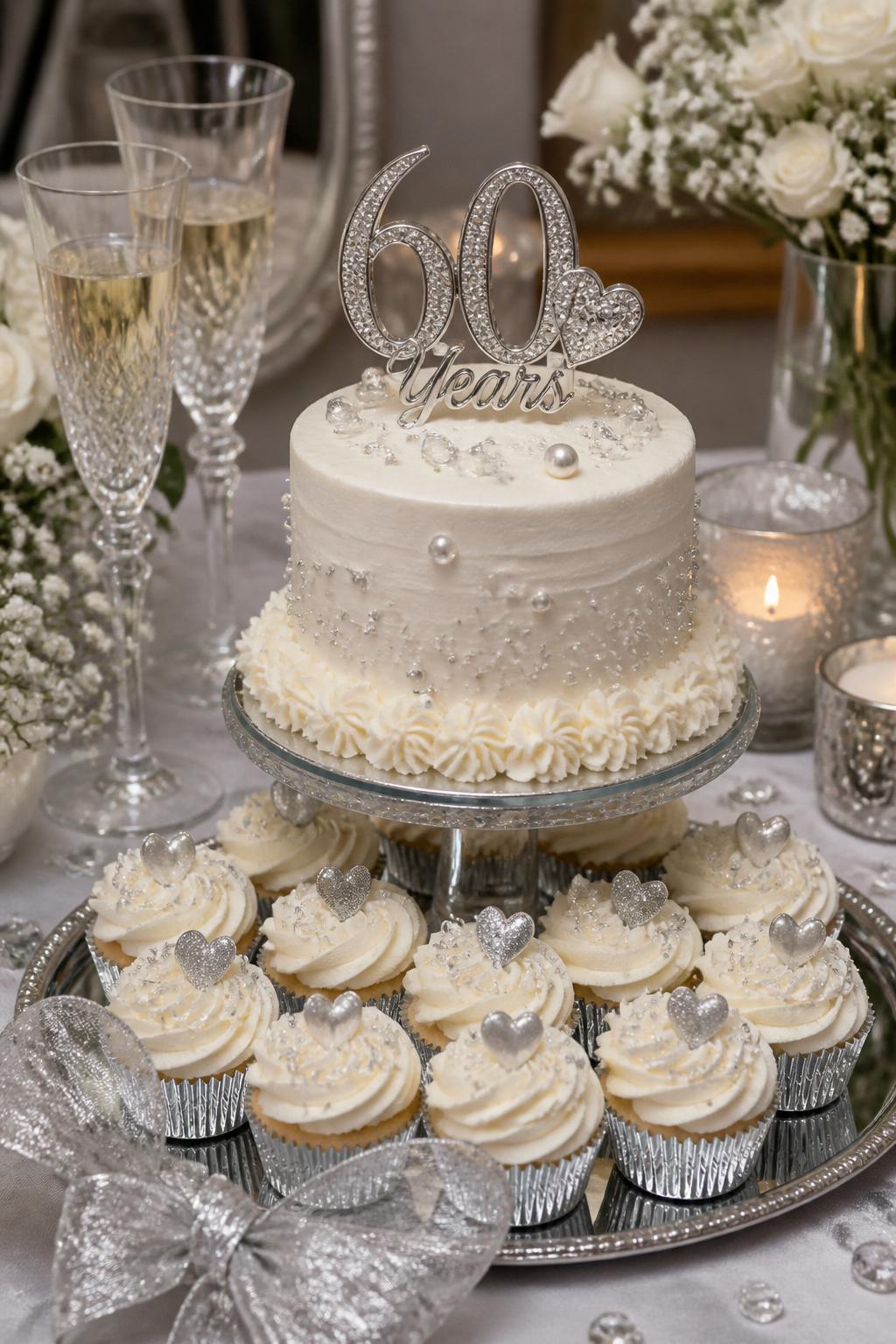 Image Prompt: A cute diamond anniversary dessert display with a small central white cake and matching cupcakes, decorated with silver pearls, edible sugar crystals, white buttercream swirls, tiny silver hearts, and a “60 Years” topper. Style it on a polished dessert table with crystal glasses, candles, white flowers, and silver ribbon. Make it festive, sweet, and realistic, no people, no faces, no text overlay, no watermark. (no watermarks on images)
