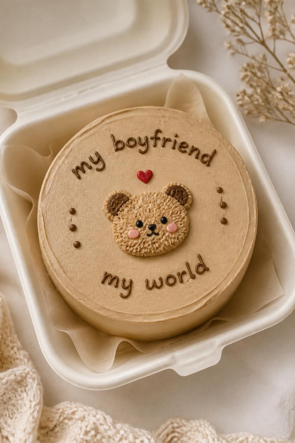 Image Prompt:
A cute boyfriend bento cake decorated with a tiny buttercream teddy bear face in the center, warm beige frosting, small brown ears, little black icing eyes, pink blush details, mini red heart above the bear, placed in a white bento box with parchment paper, cozy romantic dessert styling, soft neutral background, detailed close-up bakery photography, no people, no hands, no faces, no watermarks on images