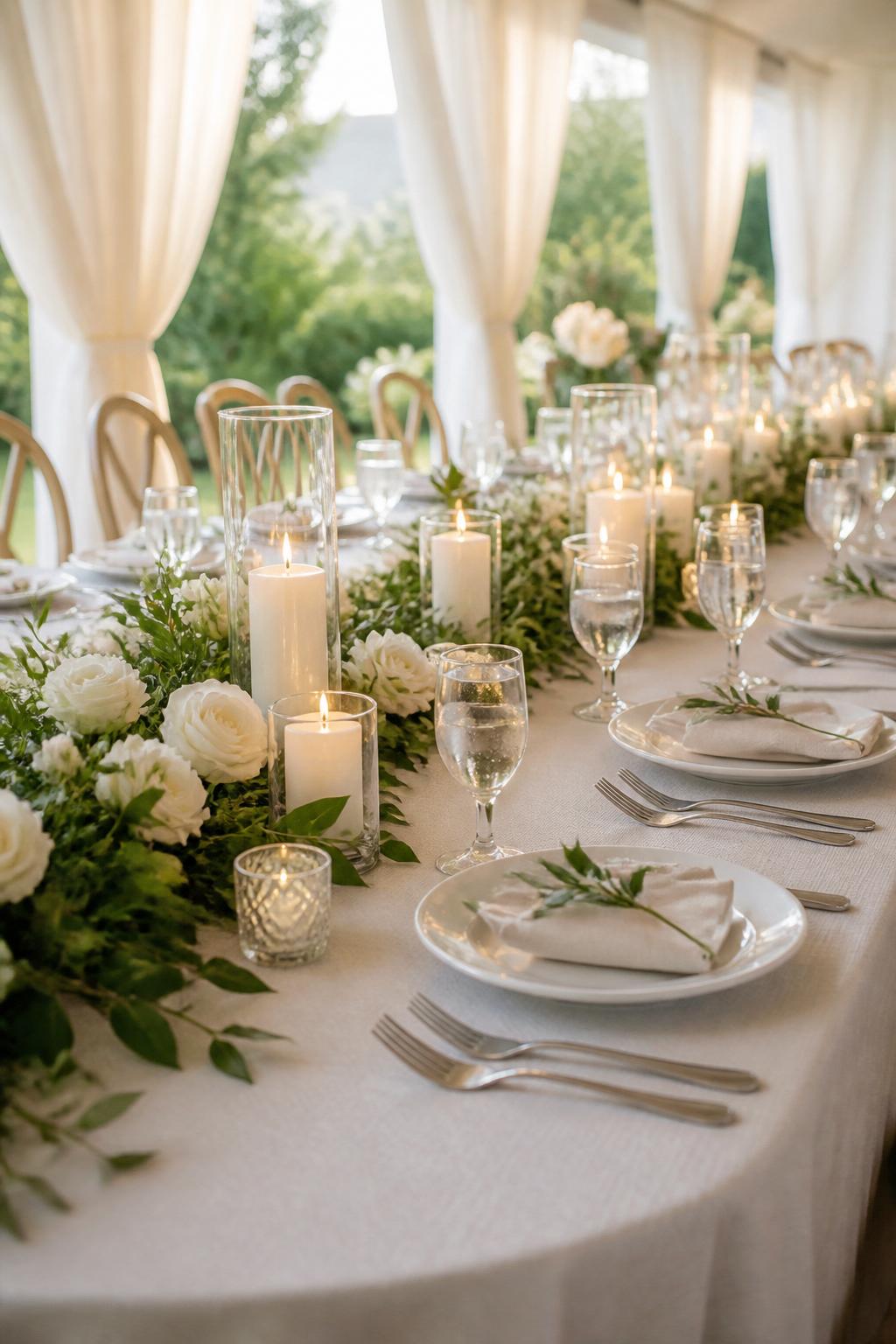 Image Prompt:
A realistic editorial wedding reception image of a long rectangle table decorated with a soft greenery runner, white roses, ivory candles, clear glass votives, white plates, silver flatware, and pale linen napkins. The table is set in a bright garden tent with natural daylight and soft draped fabric in the background. No visible faces, no full people, hands-only details acceptable, elegant DSLR photo, no text, no watermark.
