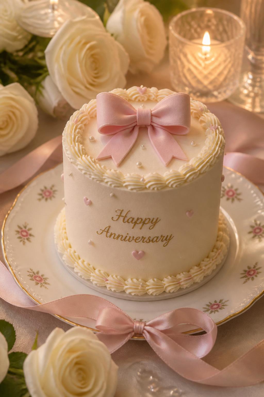 Image Prompt: A cute anniversary mini cake with smooth champagne buttercream, a small blush fondant bow on top, pearl accents, soft piped borders, and tiny heart details. Place it on a pretty dessert plate with satin ribbon, white roses, candles, and warm soft lighting. Make it gift-like, romantic, and realistic, no people, no faces, no watermark. (no watermarks on images)