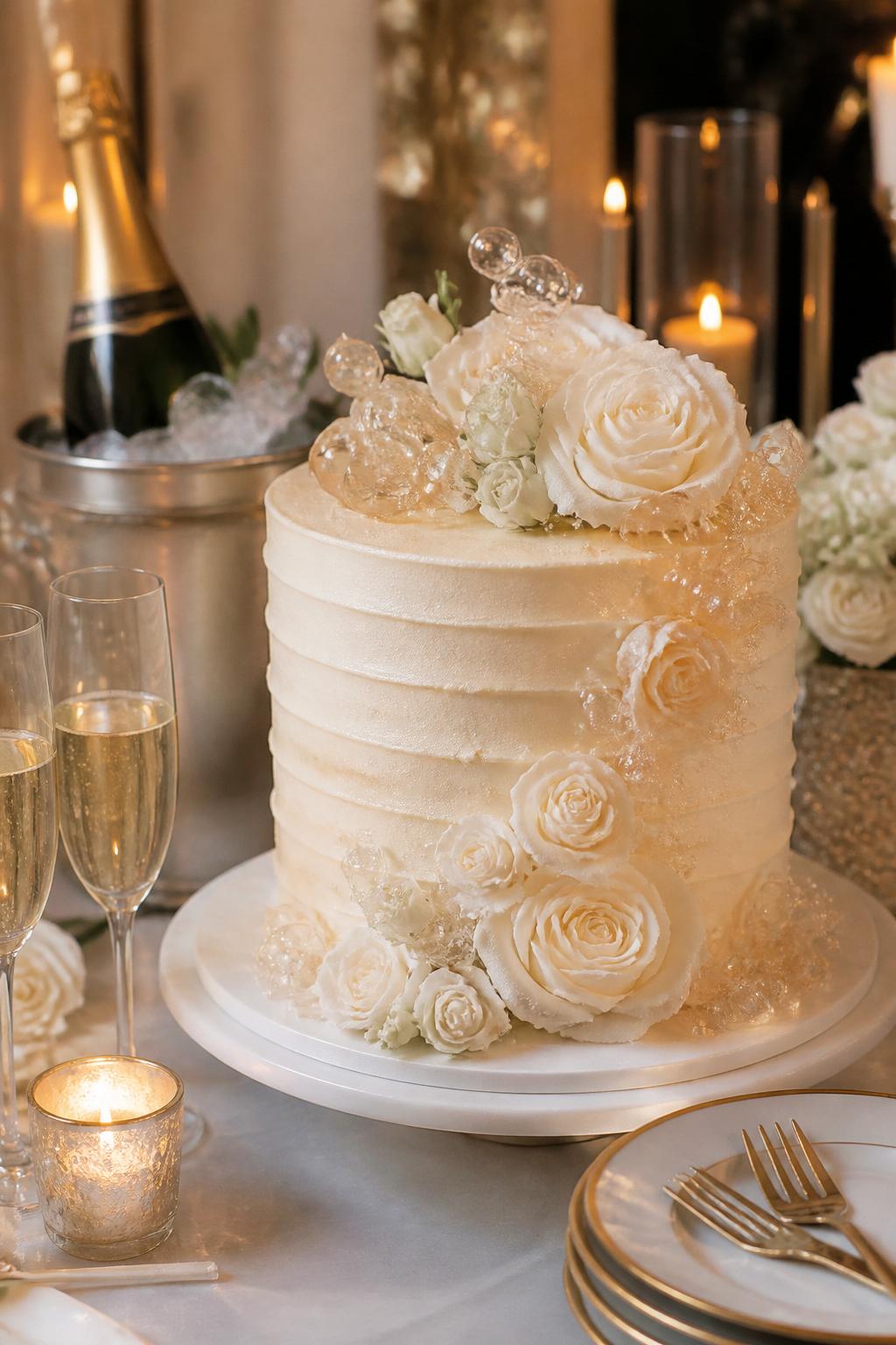Image Prompt: A champagne-inspired anniversary cake with pale champagne buttercream, soft shimmer, delicate sugar bubbles, and ivory roses. Style it beside champagne flutes, a chilled bottle, gold-rimmed plates, and warm candlelight on a refined dessert table. Make it look romantic, celebratory, and realistic, with soft editorial food photography, no people, no faces, no text overlay, no watermark. (no watermarks on images)
