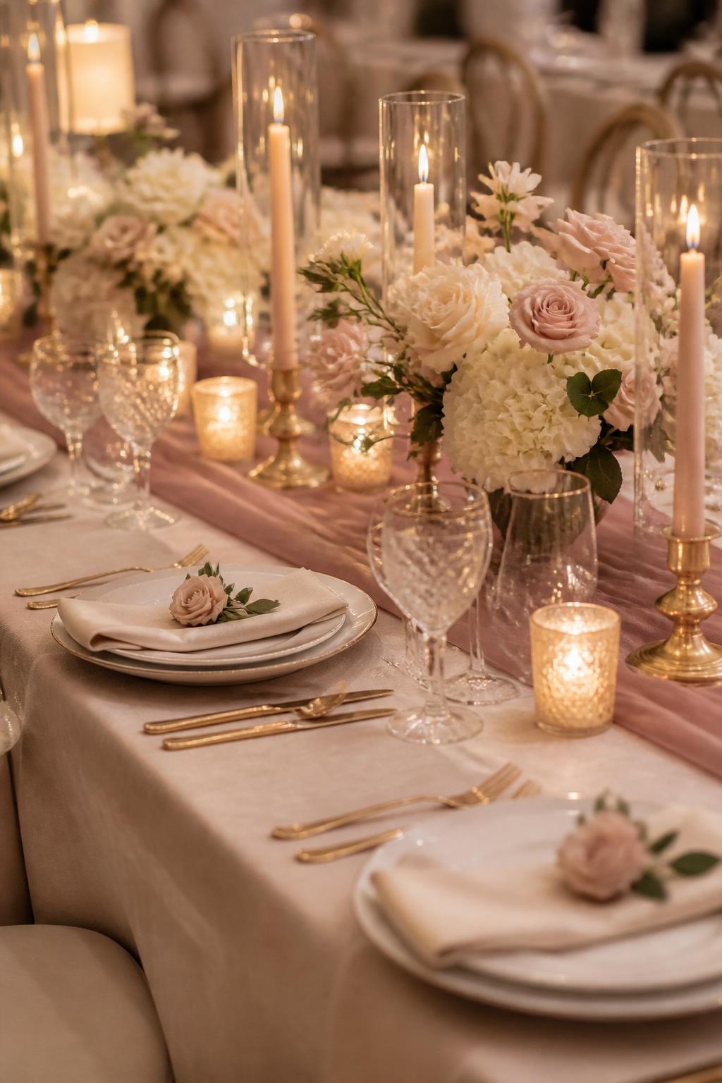 An elegant wedding reception table with a mauve pink table runner, ivory flowers, blush roses, gold candle holders, white plates, clear glassware, gold flatware, and warm candlelight. The setting feels romantic and refined, no visible faces, no full people, no text, no watermark, realistic wedding magazine photography, (no watermarks on images)