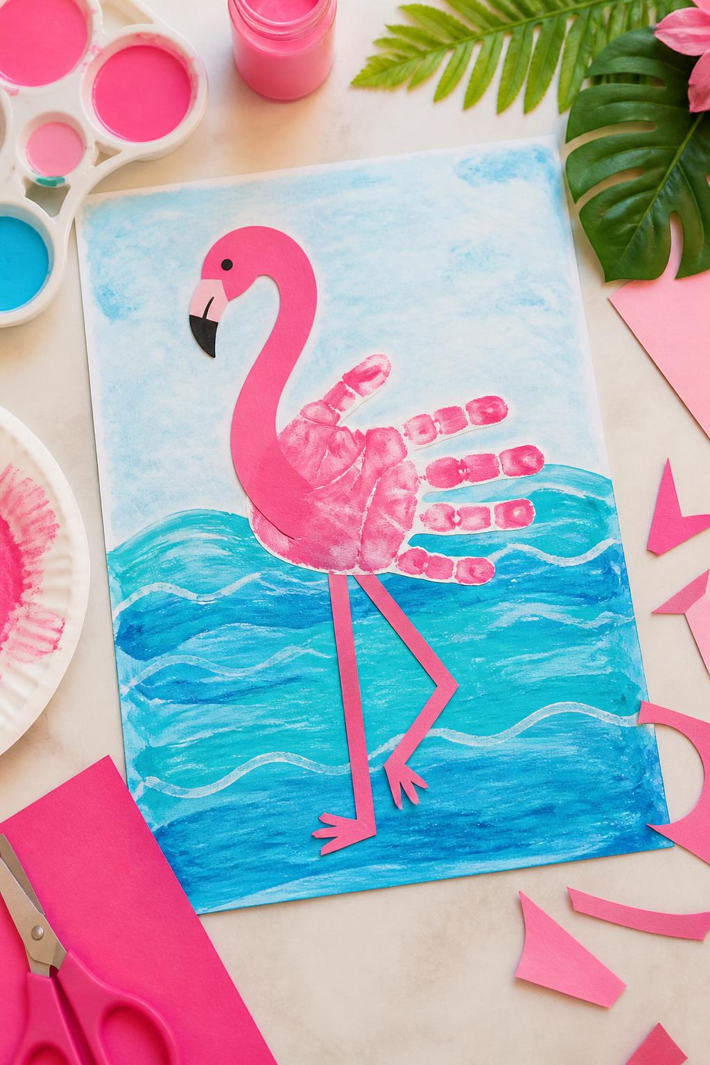 Detailed Image Prompt:
A playful summer craft photo showing handprint flamingo art, pink painted handprint used as the flamingo body, long curved paper neck, thin paper legs, small beak, blue water background, washable paint and pink paper scraps on a clean table, tropical summer craft style, no people, no faces, no readable text, no watermark on images.