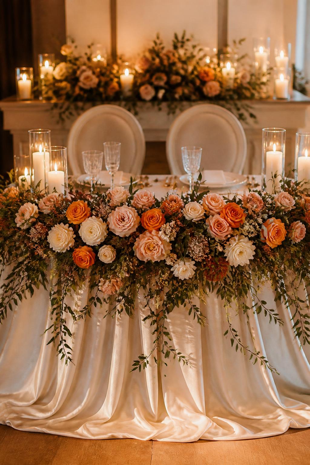 Image Prompt:
A romantic sweetheart table decorated with a full floral front using orange roses, peach blooms, ivory flowers, and greenery. Add ivory linen, candles, crystal glasses, elegant chairs, and warm reception lighting. No visible faces, no full people, sweetheart table-focused composition, no text, no watermark, realistic DSLR wedding photography, (no watermarks on images)