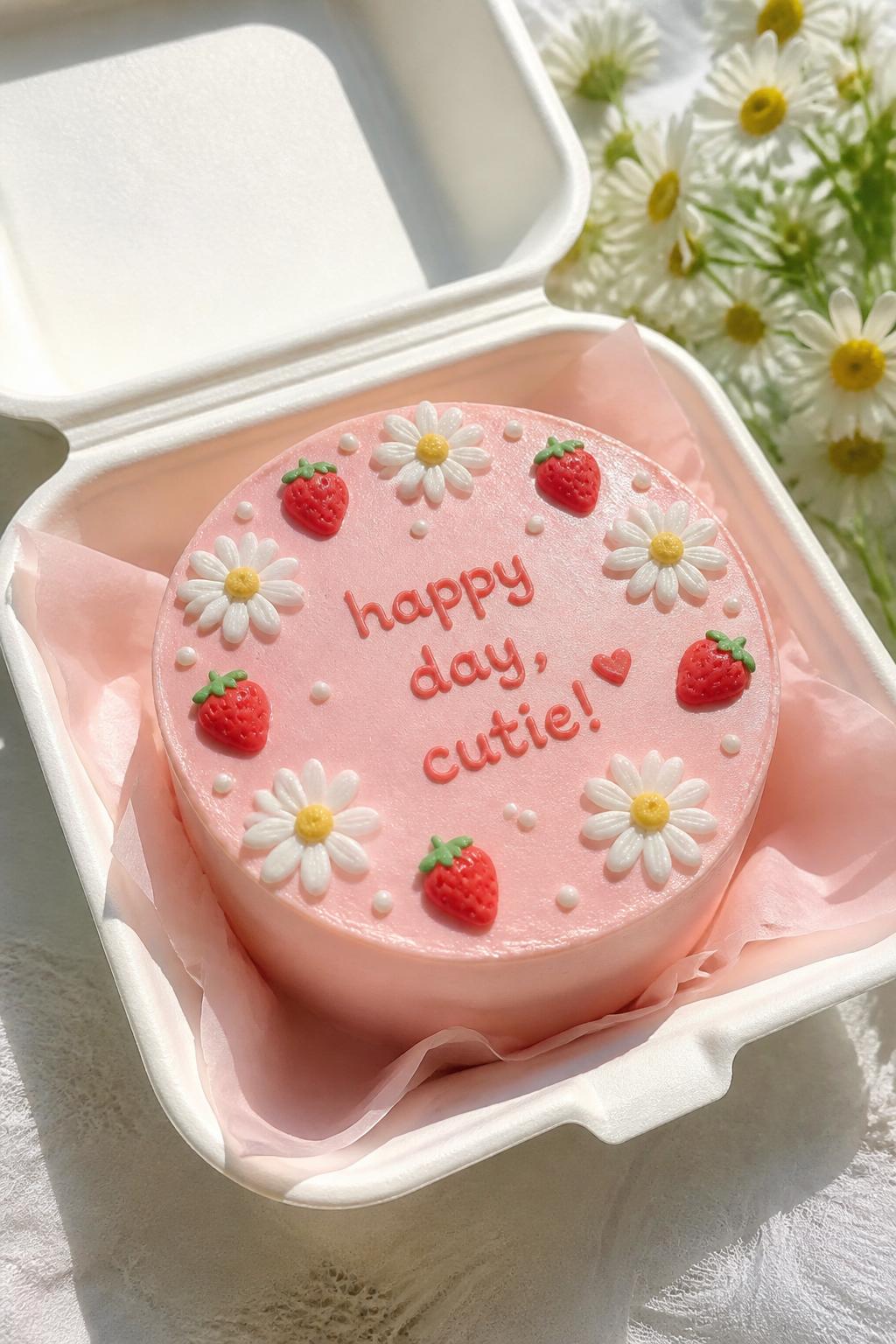Image Prompt:
A cute strawberry daisy themed bento cake inside an open white cake box, smooth pastel pink frosting, tiny white daisy flowers with yellow centers, small strawberry decorations, neat handwritten message, soft spring-inspired styling, bright natural light, realistic bakery photo, no people, no hands, no faces, no watermarks on images