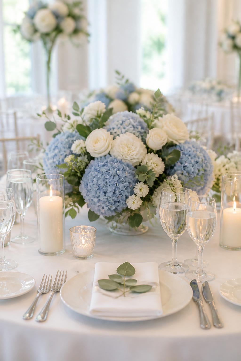 Image Prompt:
A fresh wedding table image showing blue hydrangea centerpieces mixed with white roses, soft greenery, white linen, clear glassware, ivory candles, and polished flatware. Bright reception setting with soft natural light, no visible faces, no text, no watermark, professional editorial wedding photography, (no watermarks on images)
