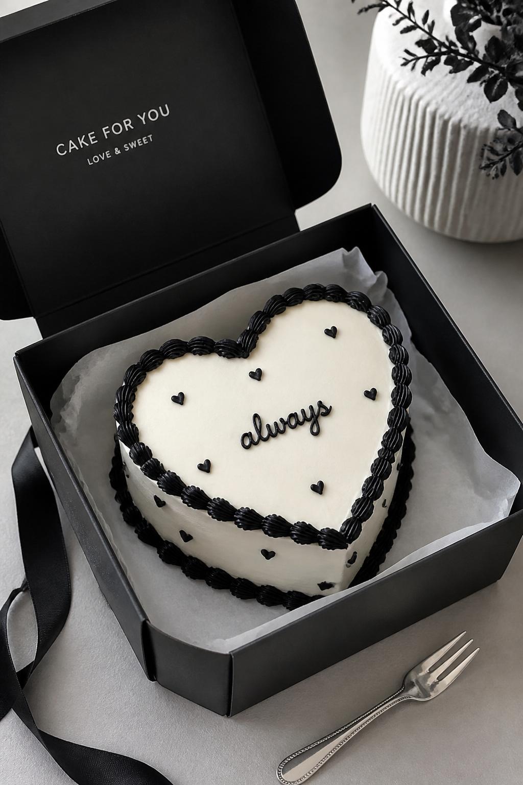 Image Prompt:
A stylish black and white heart shaped bento cake inside an open black cake box, smooth white frosting, black piped border, tiny black heart details, short icing text reading “always,” sleek modern dessert styling, silver mini fork nearby, clean editorial food photography, soft studio light, no people, no hands, no faces, no watermarks on images