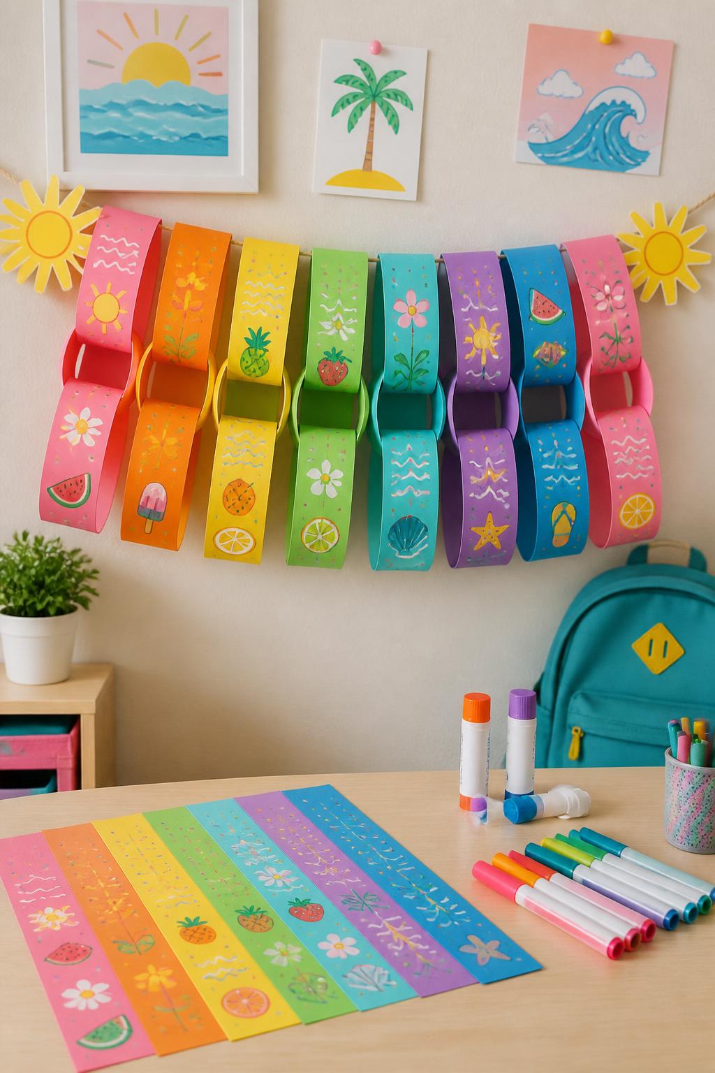 Detailed Image Prompt:
A bright kids’ craft photo showing a paper chain countdown made with colorful summer-themed paper strips, each strip decorated with suns, flowers, fruit, waves, and small doodles, hanging across a bedroom wall or classroom board, extra strips, glue sticks, and markers on a clean table, cheerful back-to-school transition craft, no people, no faces, no readable text, no watermark on images.