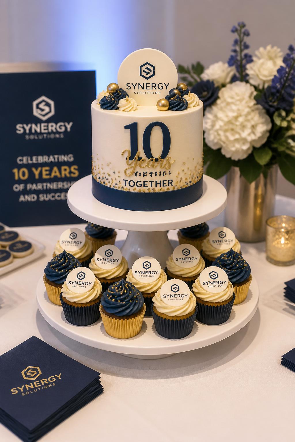 Image Prompt: A lovely company anniversary dessert display with a small central anniversary cake on top and matching cupcakes arranged below, decorated with brand colors, tiny edible logo toppers, buttercream swirls, and metallic sprinkles. Style it on a clean corporate dessert table with branded napkins, flowers, and soft event lighting. Make it realistic, professional, and festive, no people, no faces, no watermark. (no watermarks on images)