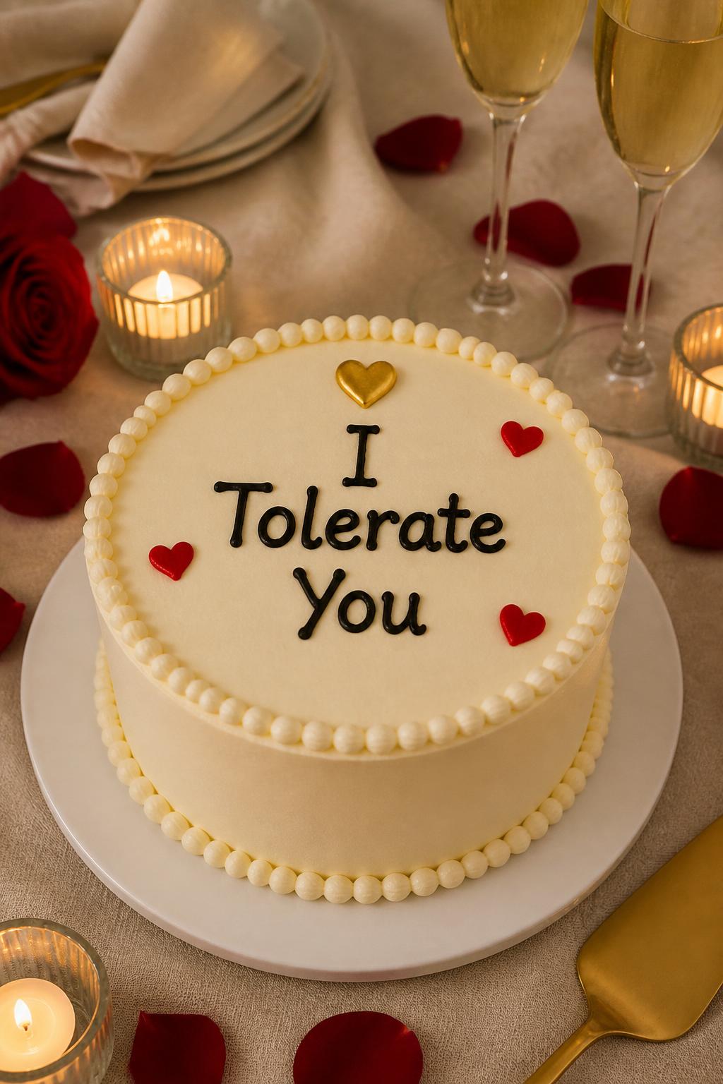 Image Prompt: A funny anniversary cake with smooth ivory buttercream, neat black piped lettering that says “I Tolerate You,” small red hearts, pearl borders, and a tiny gold heart topper. Style it on a romantic table with candles, rose petals, champagne glasses, and neutral linen. Make it funny, stylish, and realistic, no people, no faces, no text overlay, no watermark. (no watermarks on images)