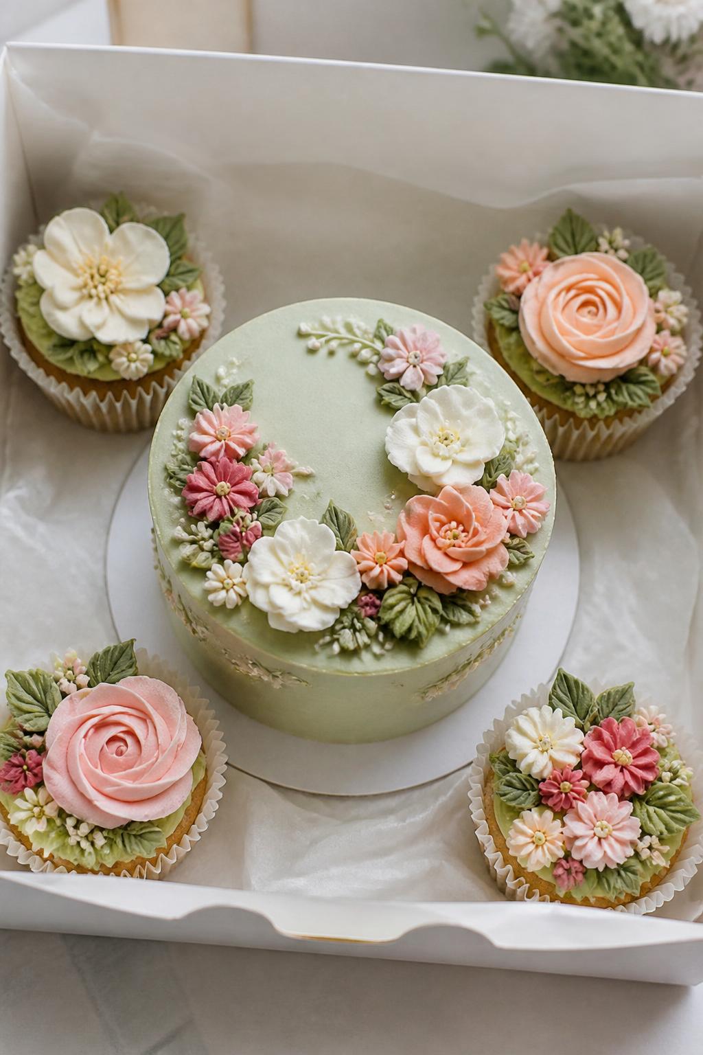 Image Prompt:
A lovely floral garden bento cake with cupcakes set arranged in an open white gift box, one small round bento cake with soft sage green frosting and tiny buttercream flowers in white, pink, and peach, surrounded by four matching cupcakes with floral piping and delicate leaf details, garden-inspired bakery styling, soft natural light, realistic close-up dessert photography, no people, no hands, no faces, no watermarks on images