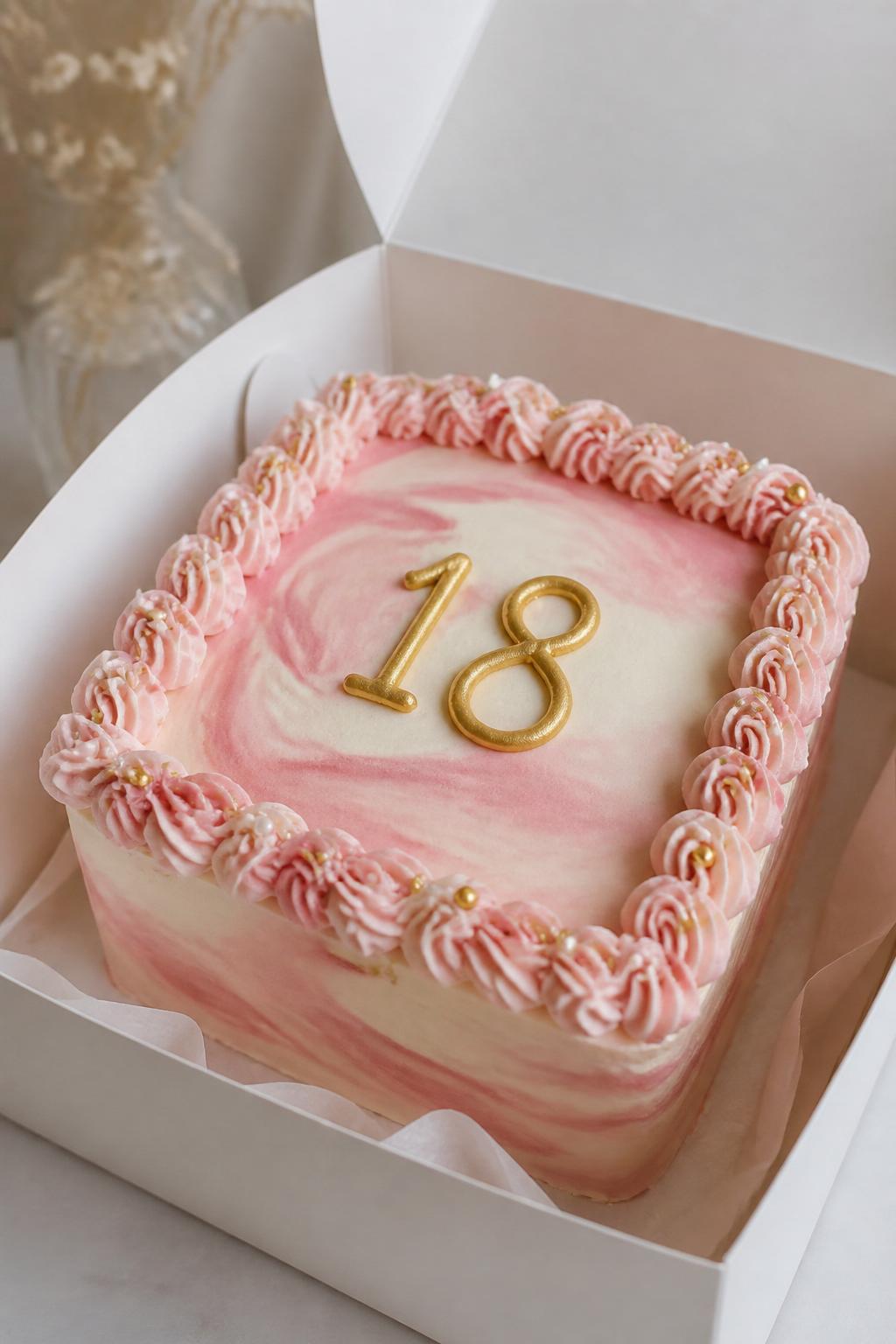 Image Prompt:
A stylish 18th birthday bento cake inside an open white cake box, smooth buttercream frosting with soft pink and white marble swirls, neat piped border, gold icing number “18” centered on top, modern elegant styling, clean soft background, realistic close-up bakery photography, no people, no hands, no faces, no watermarks on images
